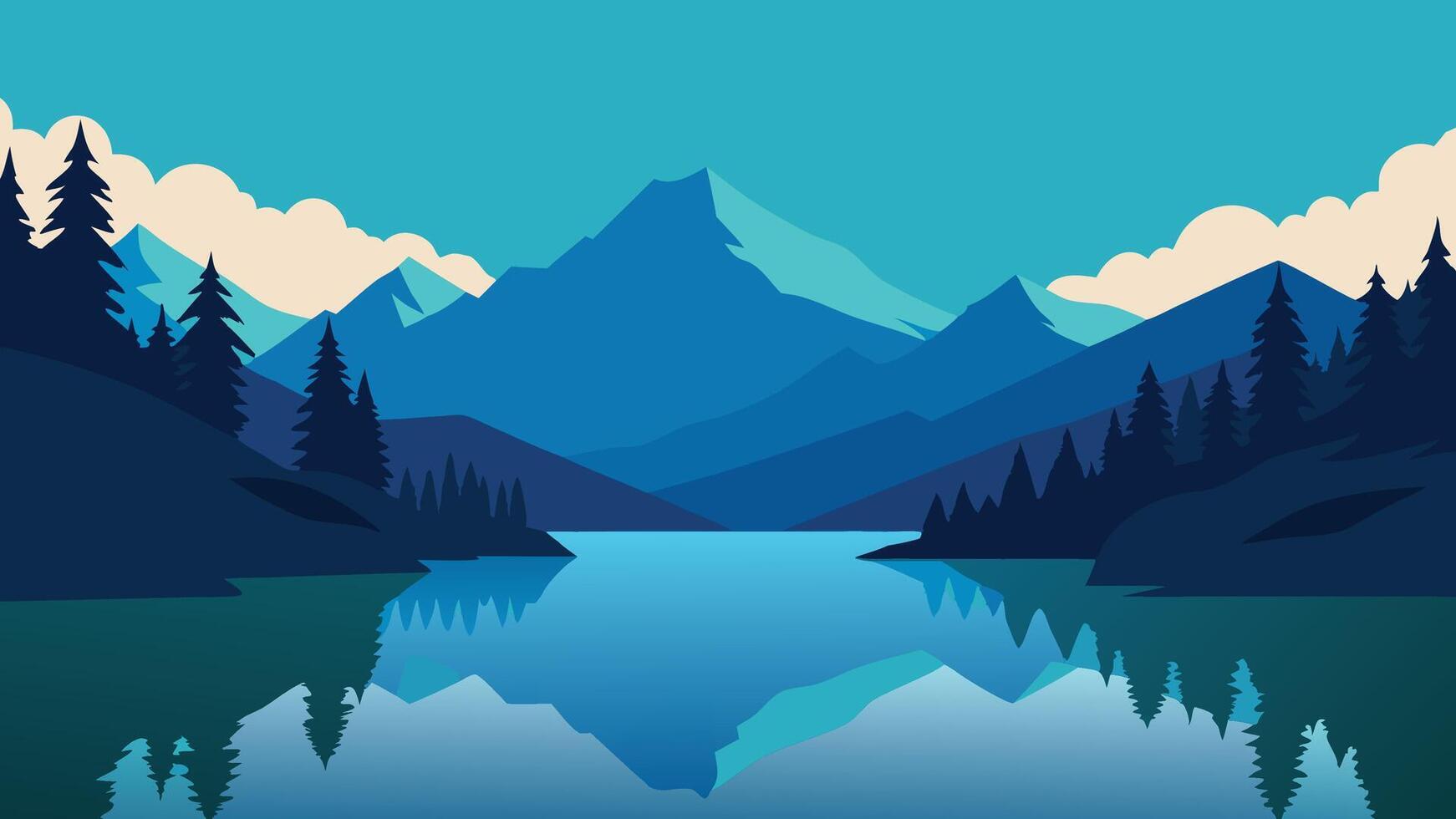 A serene lake nestled among lush trees and majestic mountains, reflecting the beauty of nature flat illustration. vector