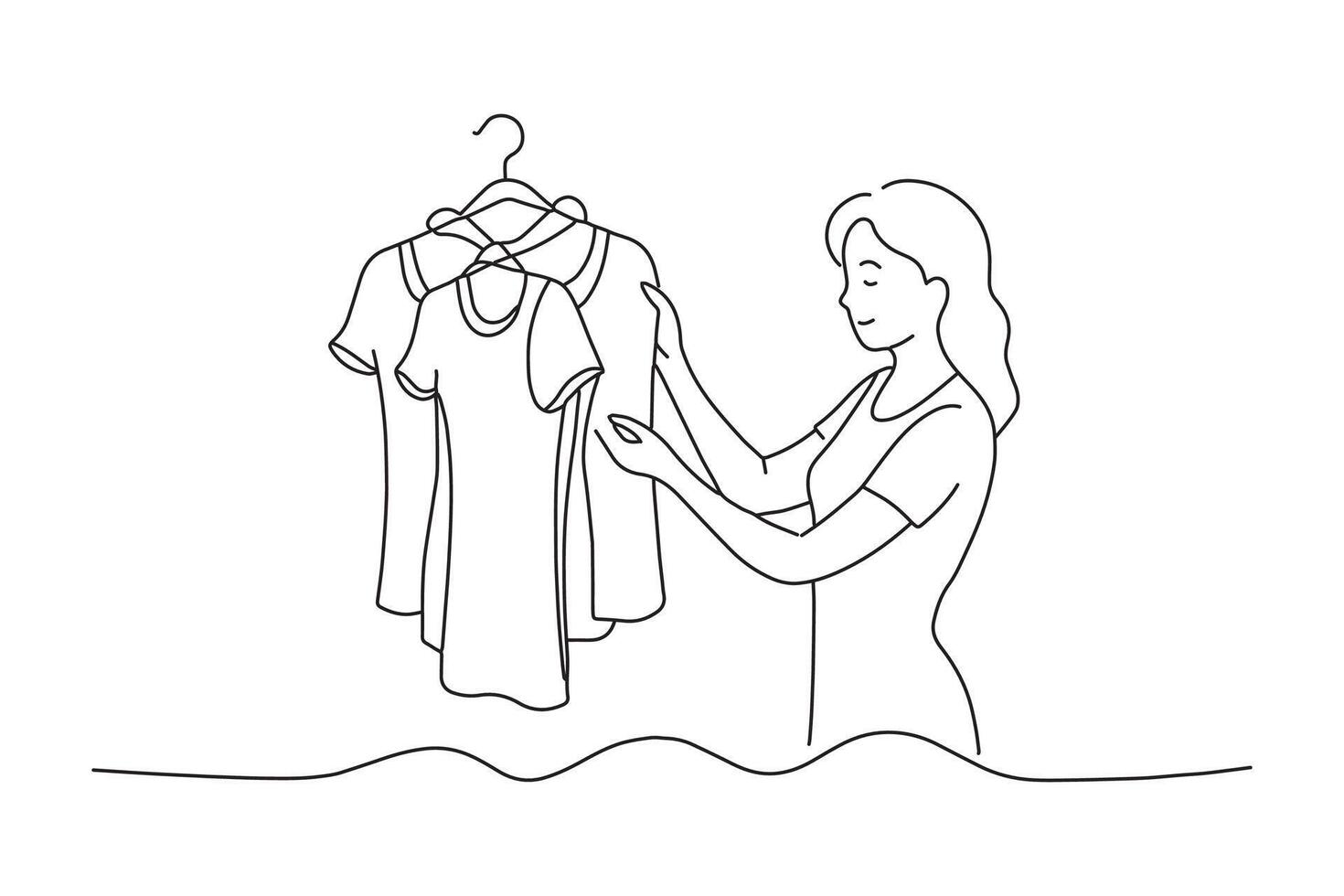Young woman choosing blouse in the clothes shop One line continuous line art illustration on white background vector