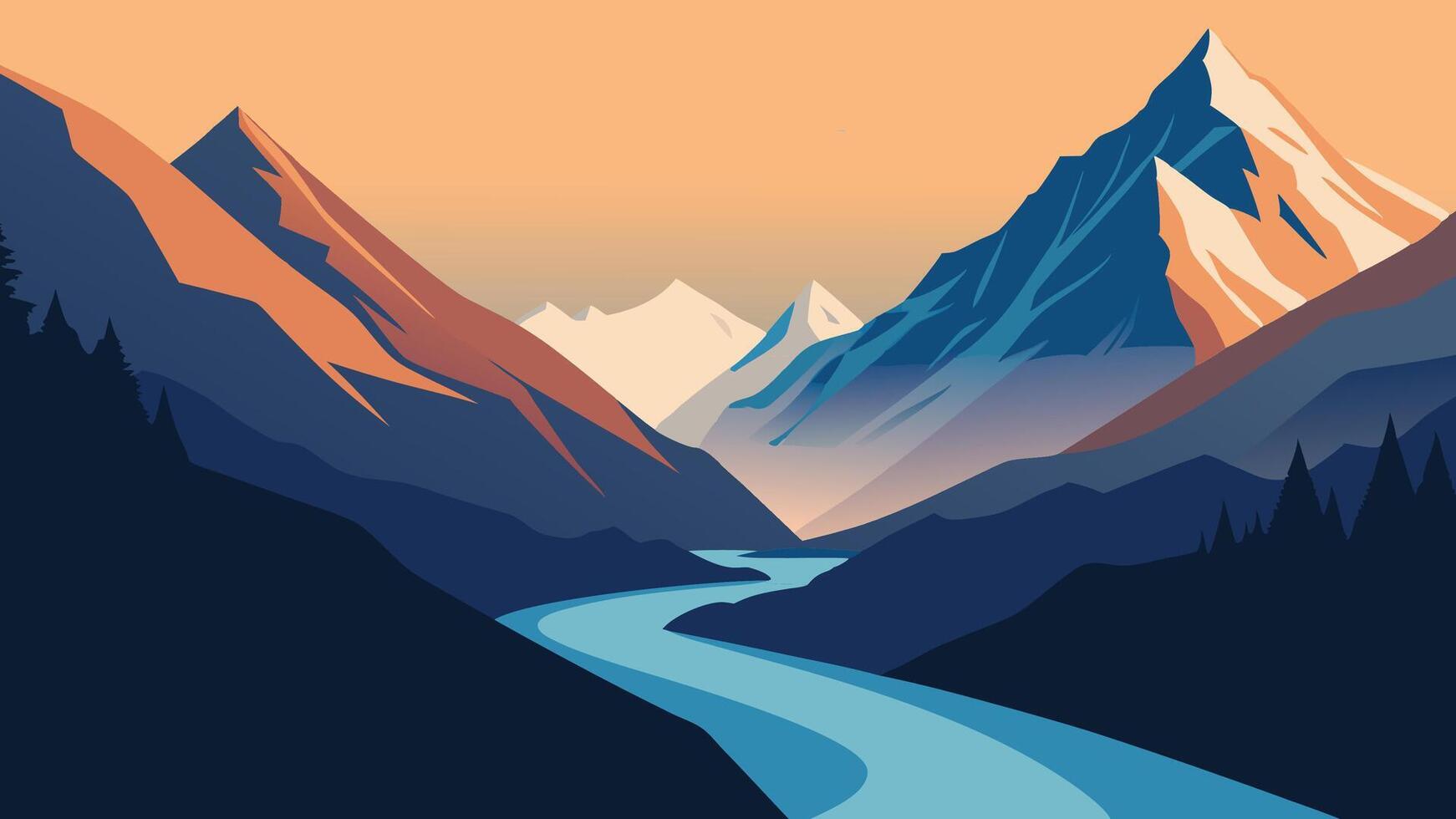 Mountain river at the foot of Tetnuldi glacier. Amazing summer scene of Chkhutnieri pass. Majestic morning view of Upper Svaneti, Georgia, Europe. flat illustration vector