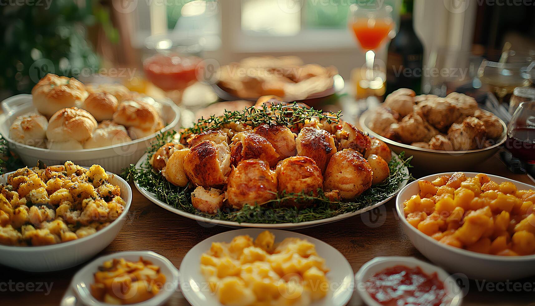 Thanksgiving dinner with turkey and a variety of side dishes, such as mashed potatoes, gravy, cranberry sauce and salad. Stuffed turkey for thanksgiving top view photo