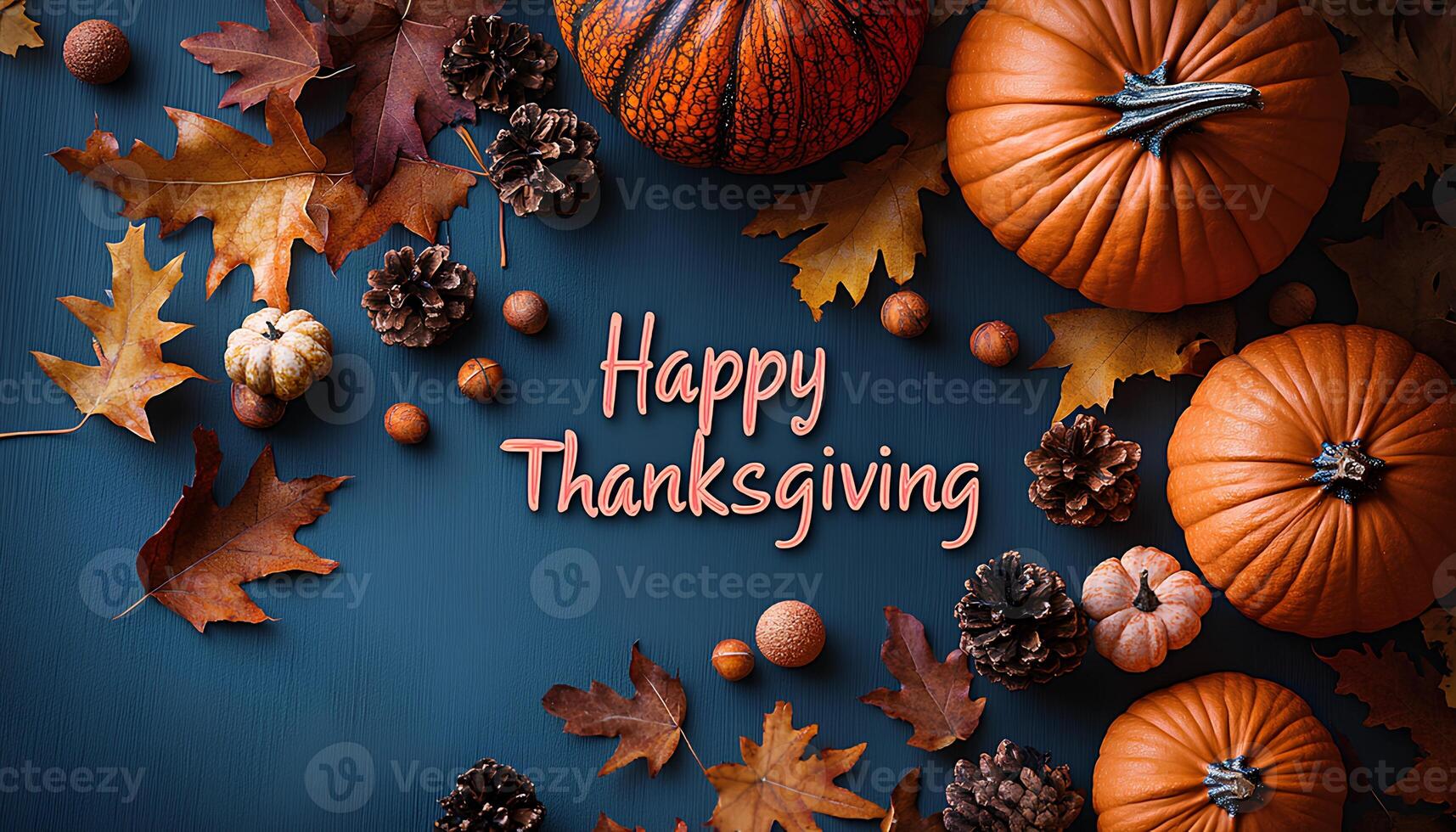 Happy thanksgiving background with pumpkins, dried up leaves and walnuts. Happy thanksgiving flat lay top view photo