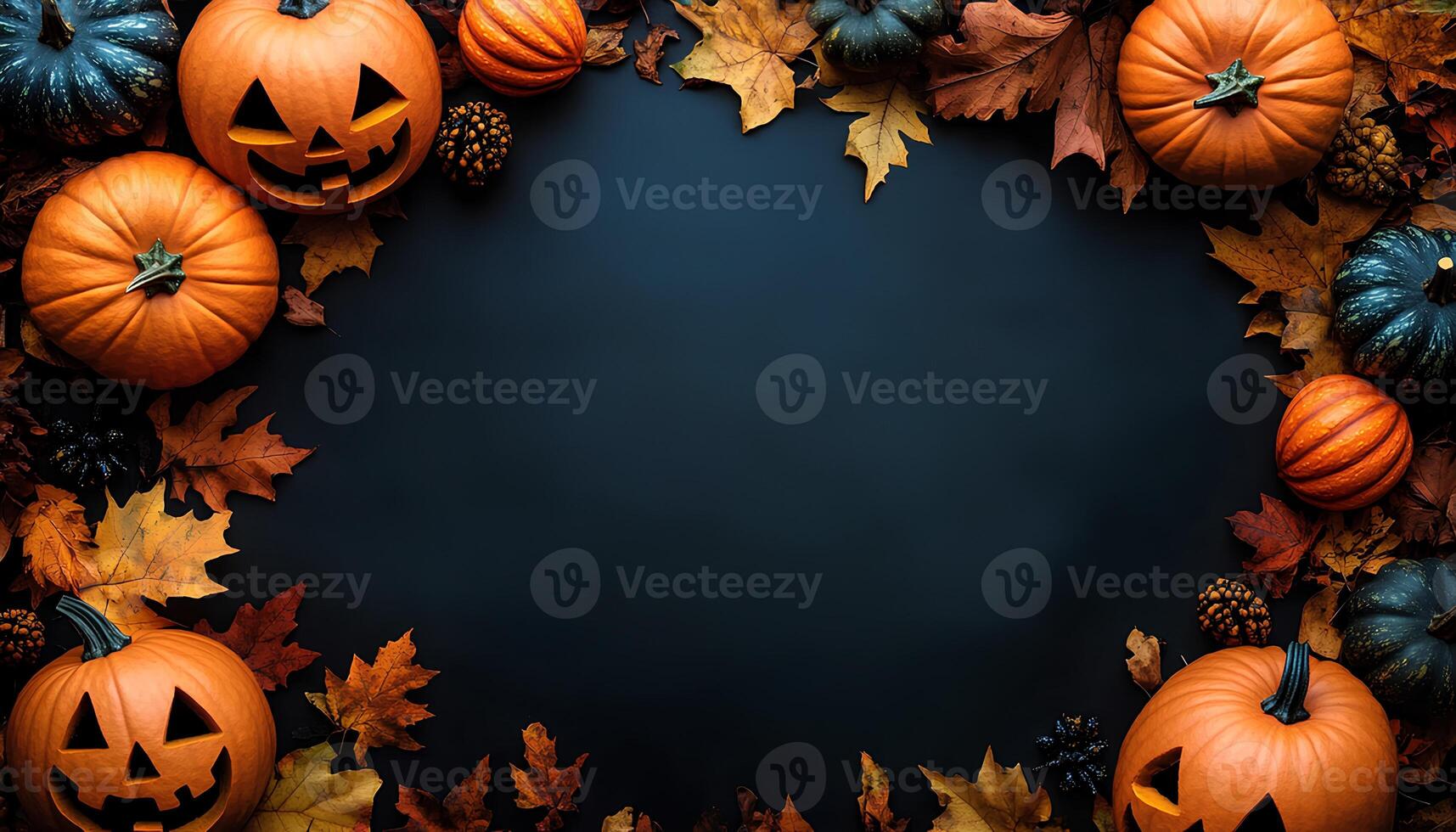 Halloween pumpkin border frame full of jack o lantern pumpkins and dried up autumn leaves for a happy halloween concept. Spooky season of October border frame. Halloween flat lay border frame photo