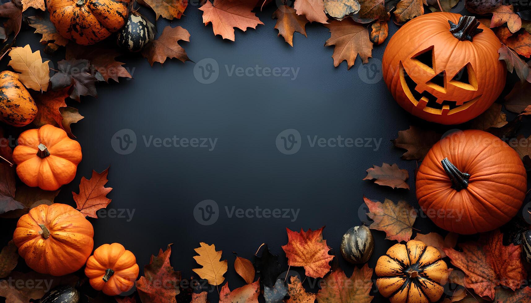 Halloween pumpkin border frame full of jack o lantern pumpkins and dried up autumn leaves for a happy halloween concept. Spooky season of October border frame. Halloween flat lay border frame photo