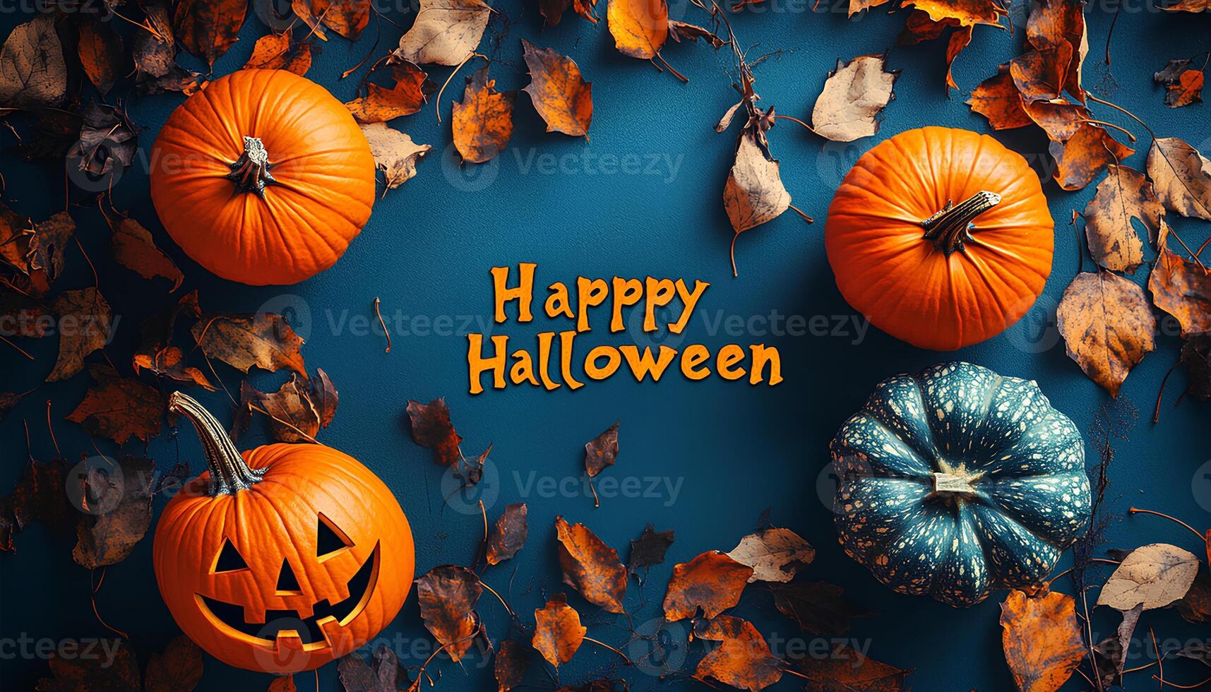 Happy Halloween flat lay with jack o lantern pumpkins and dried up autumnal leaves top view. Flat lay full of halloween things in celebration of this spooky holiday during the month of October photo