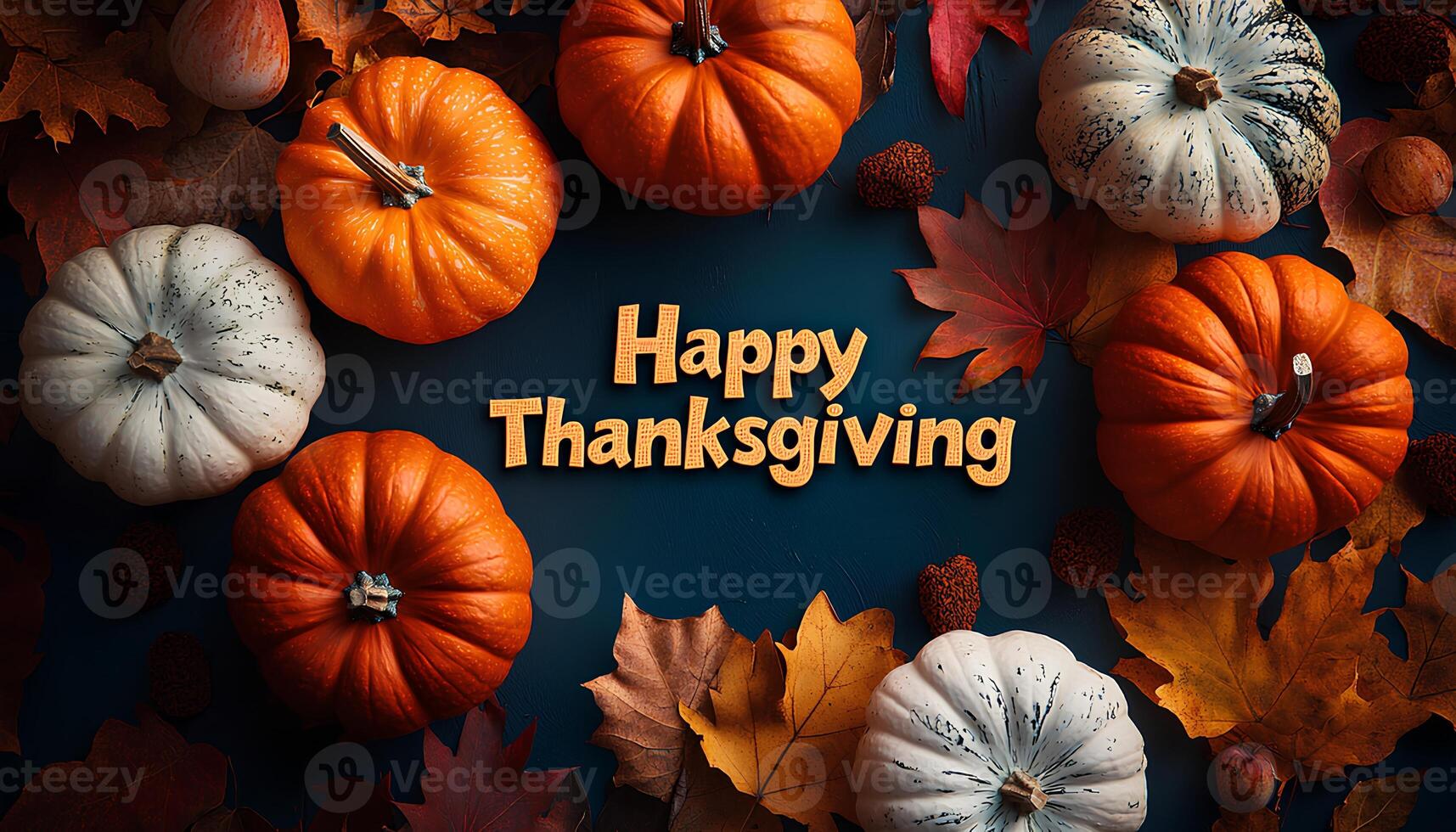 Happy thanksgiving background with pumpkins, dried up leaves and walnuts. Happy thanksgiving flat lay top view photo