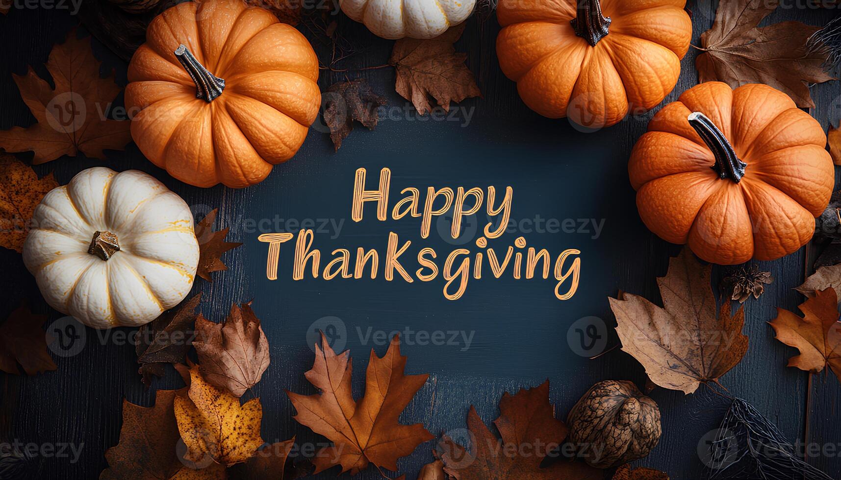 Happy thanksgiving background with pumpkins, dried up leaves and walnuts. Happy thanksgiving flat lay top view photo