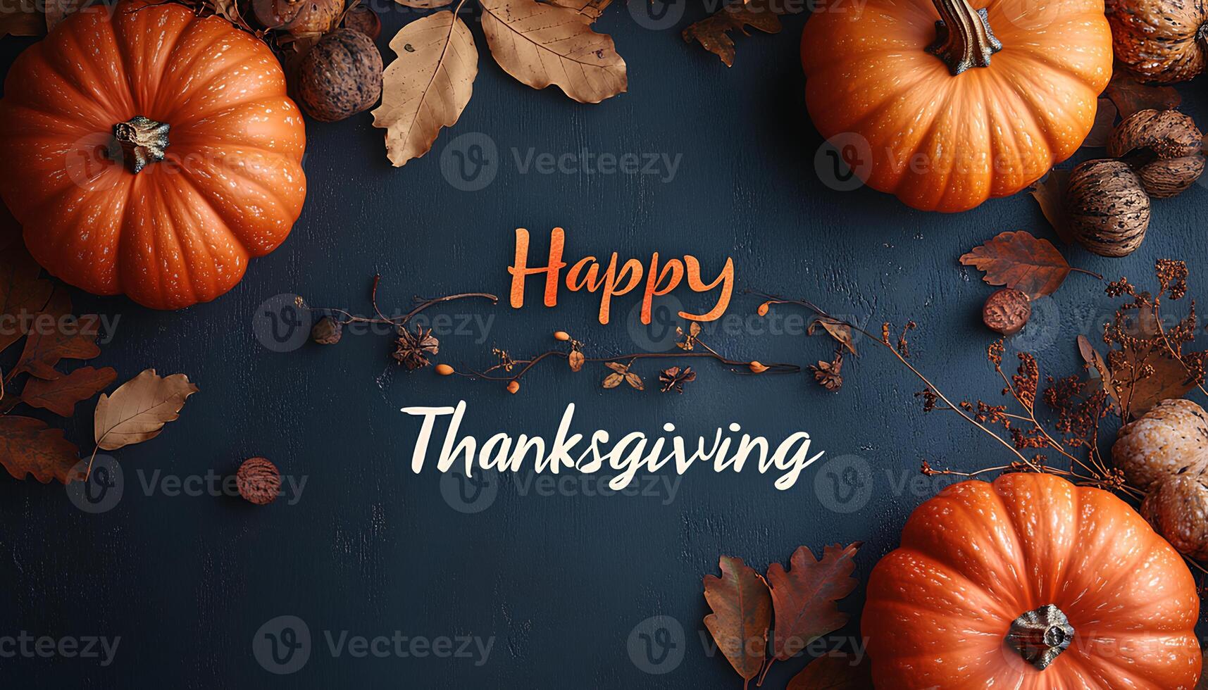 Happy thanksgiving background with pumpkins, dried up leaves and walnuts. Happy thanksgiving flat lay top view photo