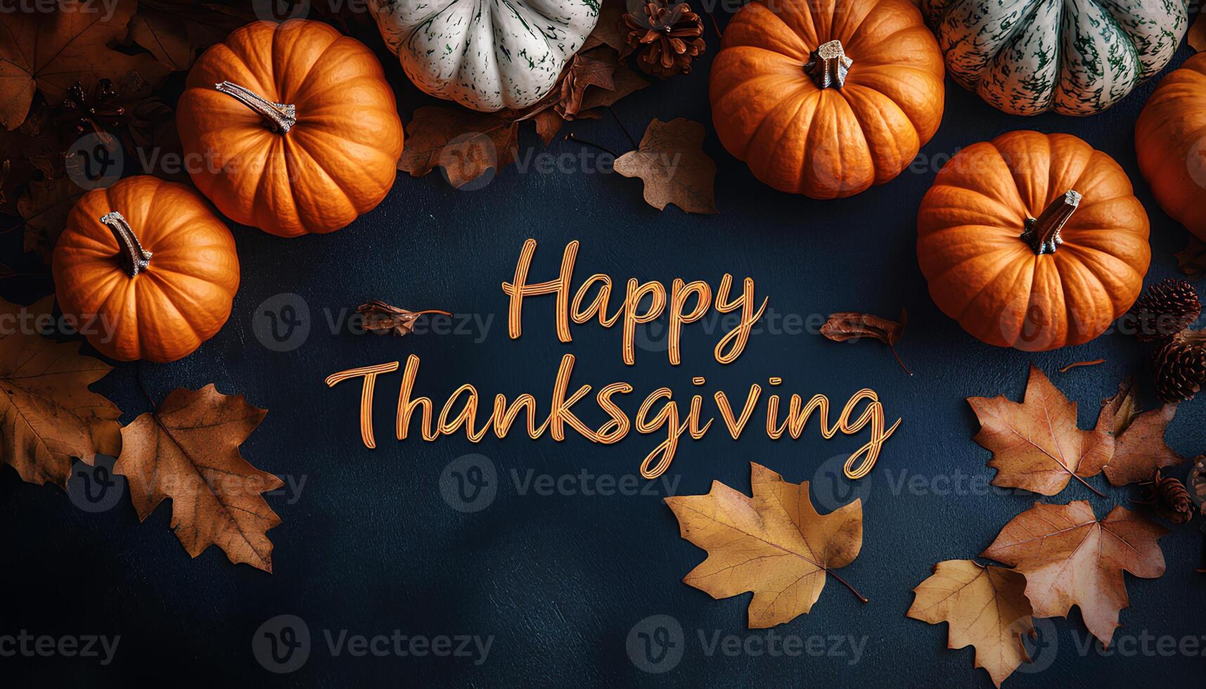Happy thanksgiving background with pumpkins, dried up leaves and walnuts. Happy thanksgiving flat lay top view photo