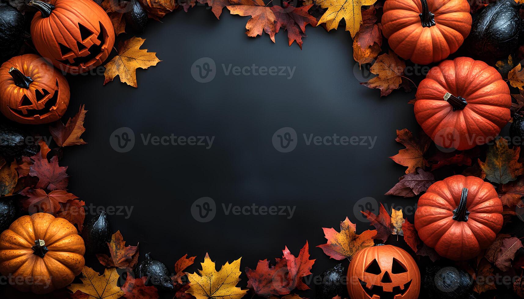 Halloween pumpkin border frame full of jack o lantern pumpkins and dried up autumn leaves for a happy halloween concept. Spooky season of October border frame. Halloween flat lay border frame photo
