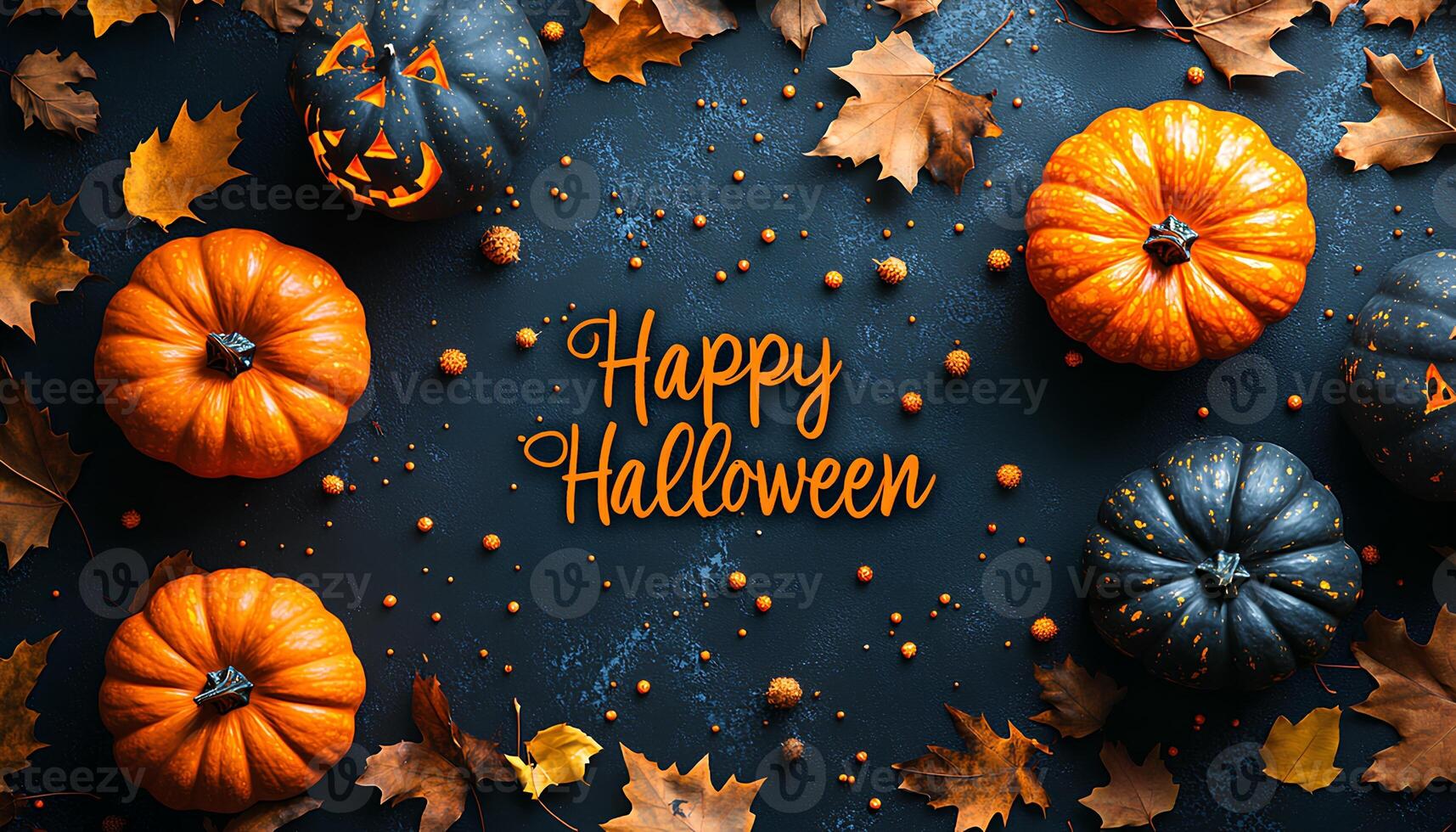 Happy Halloween flat lay with jack o lantern pumpkins and dried up autumnal leaves top view. Flat lay full of halloween things in celebration of this spooky holiday during the month of October photo