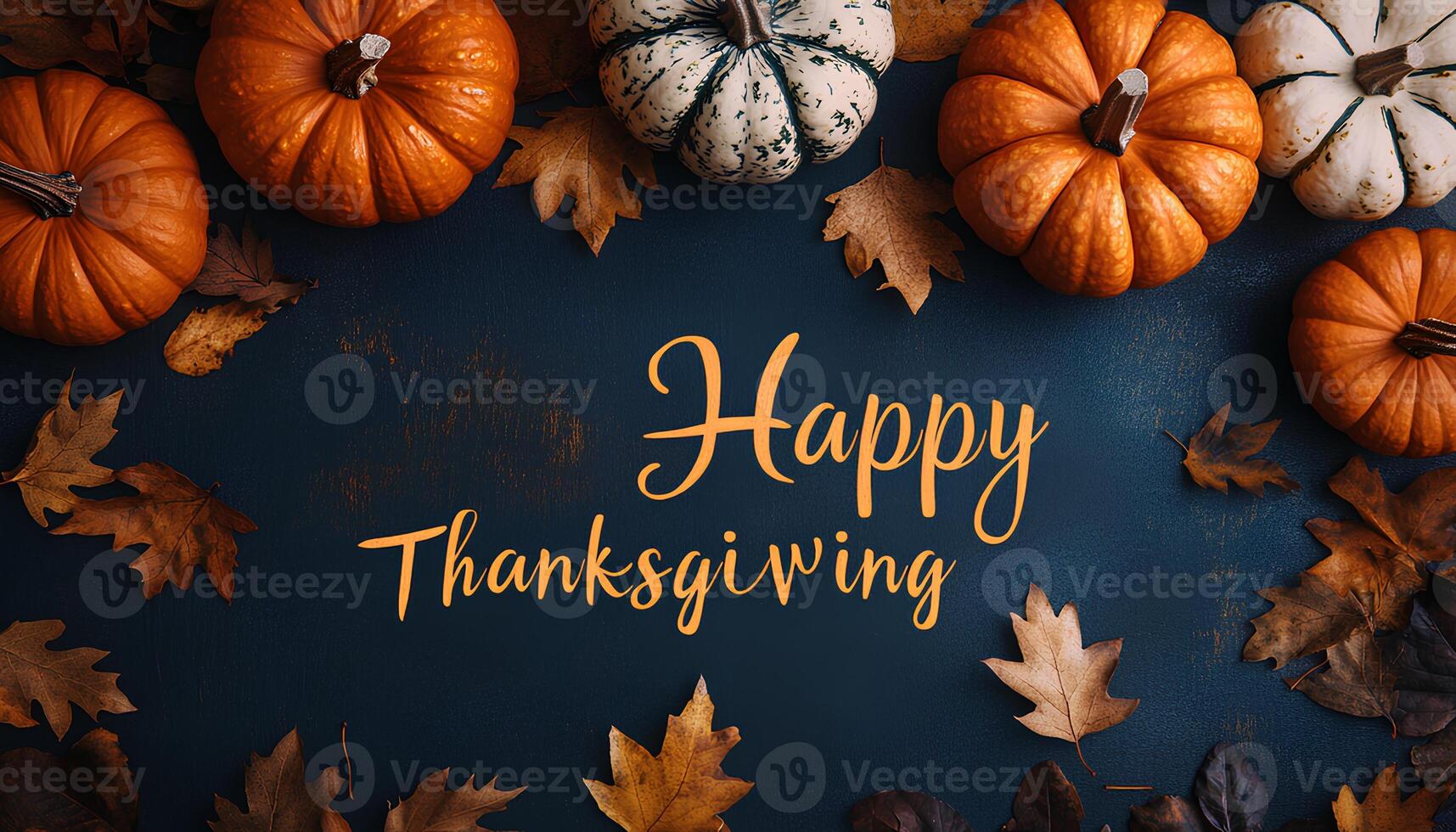 Happy thanksgiving background with pumpkins, dried up leaves and walnuts. Happy thanksgiving flat lay top view photo
