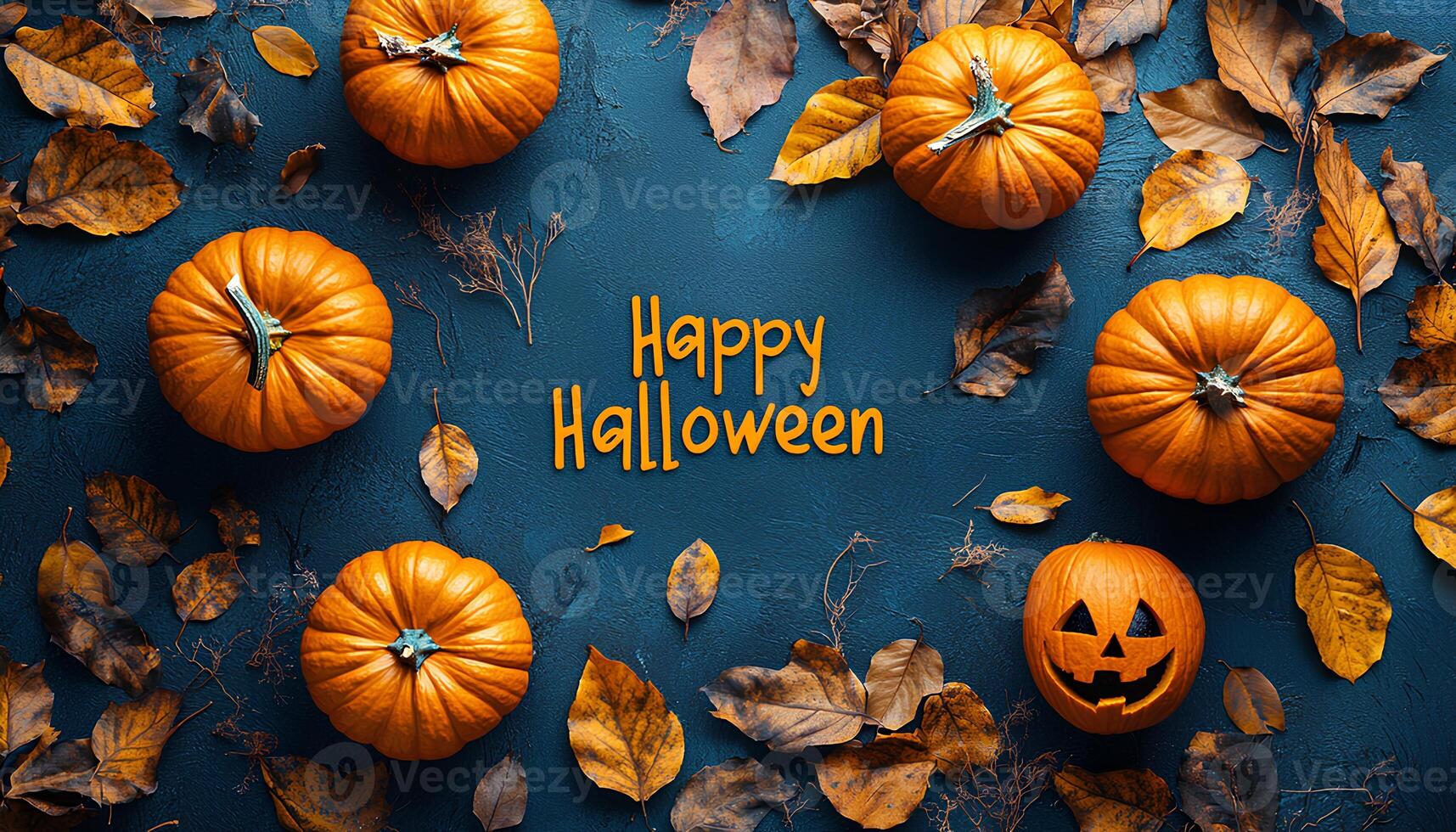 Happy Halloween flat lay with jack o lantern pumpkins and dried up autumnal leaves top view. Flat lay full of halloween things in celebration of this spooky holiday during the month of October photo