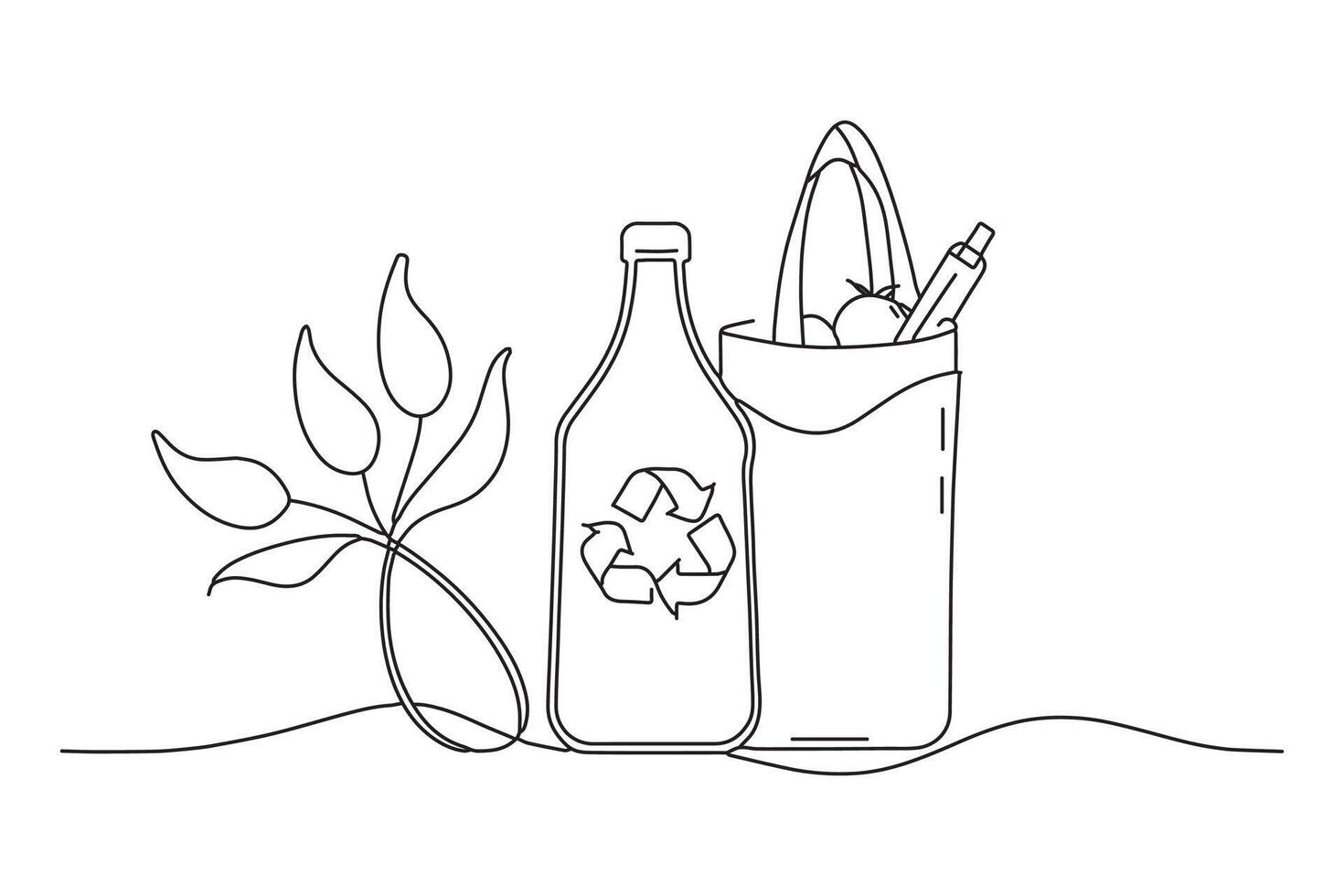 Eco bag with products One line continuous line art illustration on white background. vector