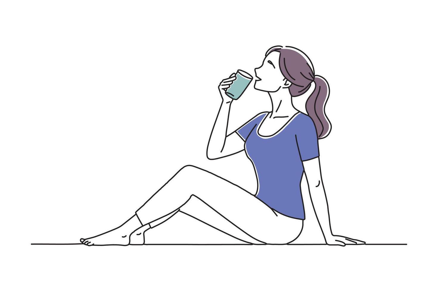 woman seated on the floor, sipping water from a clear glass, appearing relaxed and refreshed in her surroundings doodle continuous line art illustration on white background vector