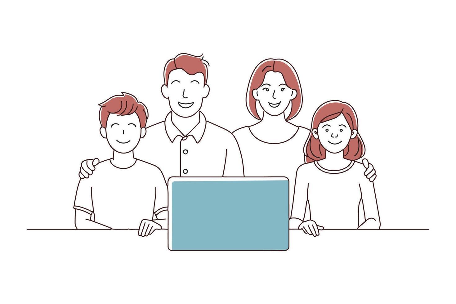 A cheerful family seated at a table, with a blank sign in view, symbolizing togetherness and shared moments doodle continuous line art illustration on white background vector