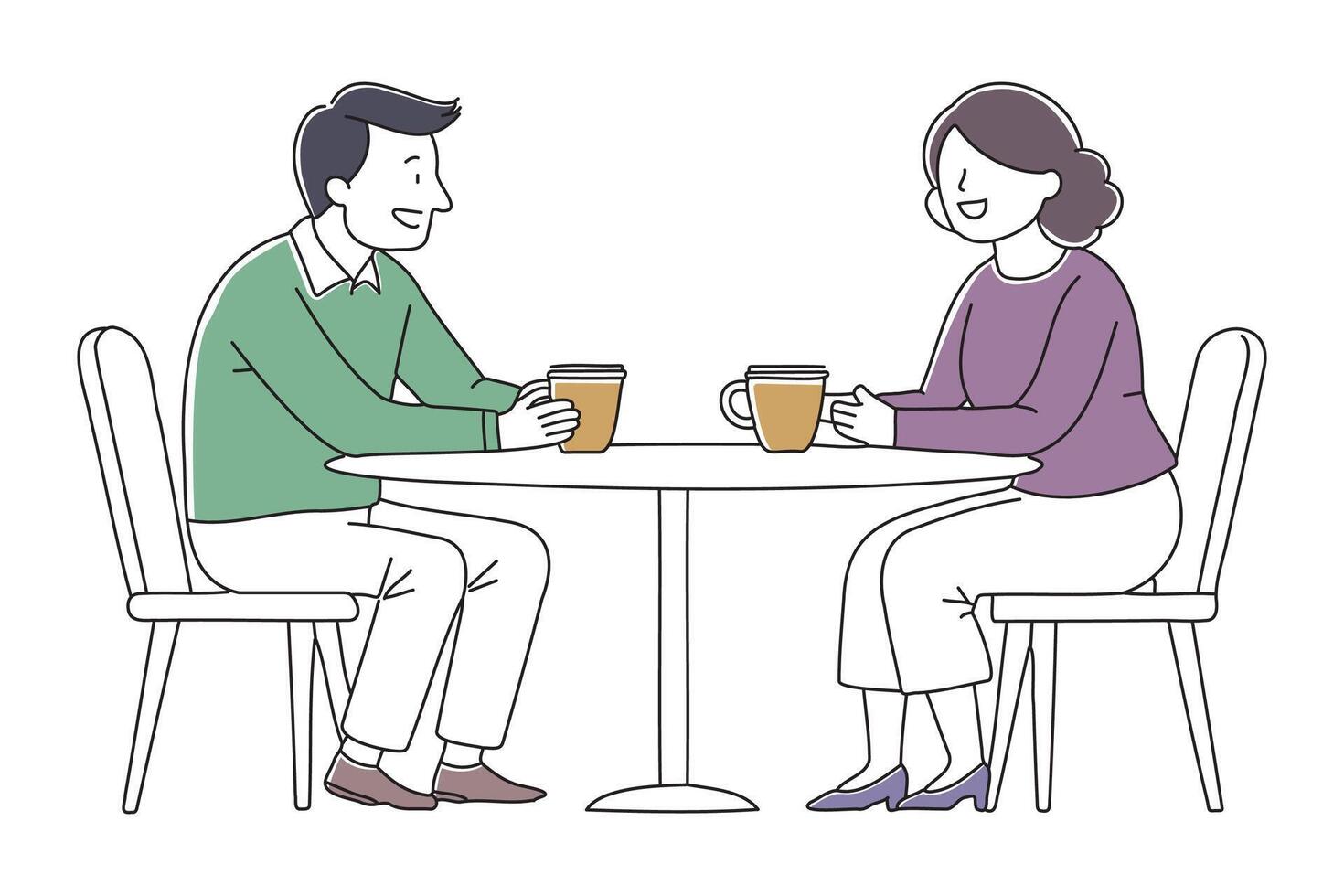 An elderly couple seated at a table, engaged in a warm conversation, surrounded by a cozy atmosphere doodle continuous line art illustration on white background vector