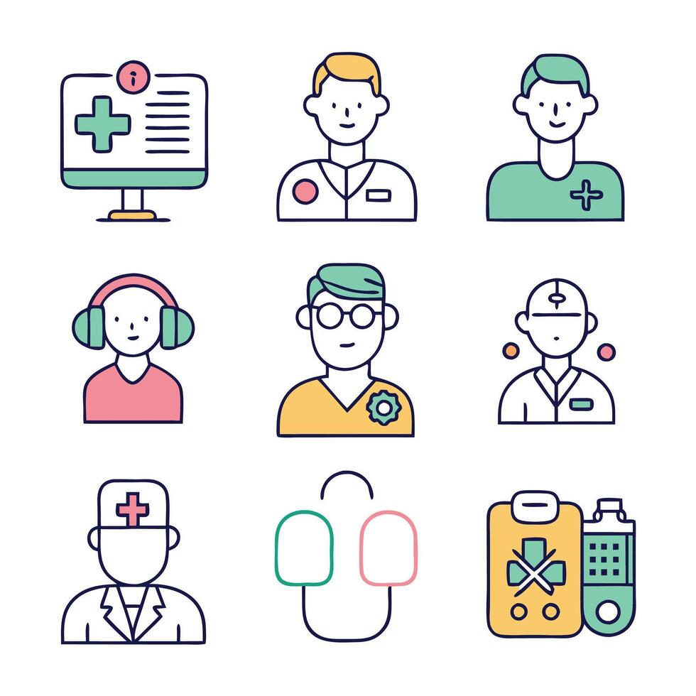 Virtual doctor and telemedicine concept colorful linear icons. color offset line icons flat color outline sign collection set vector