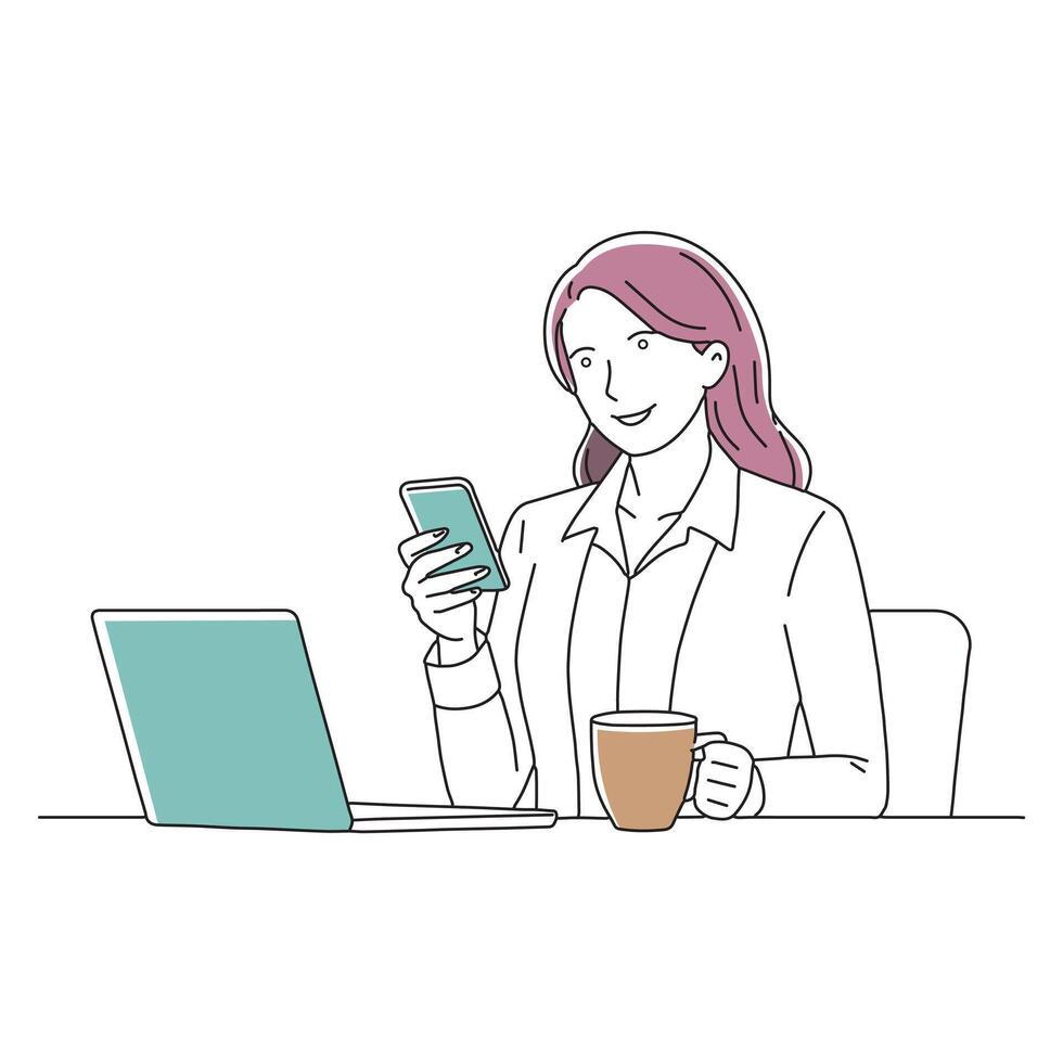 Female worker holding hot coffee mug sitting in office and using mobile cell phone viewing online news relaxing doodle continuous line art illustration vector
