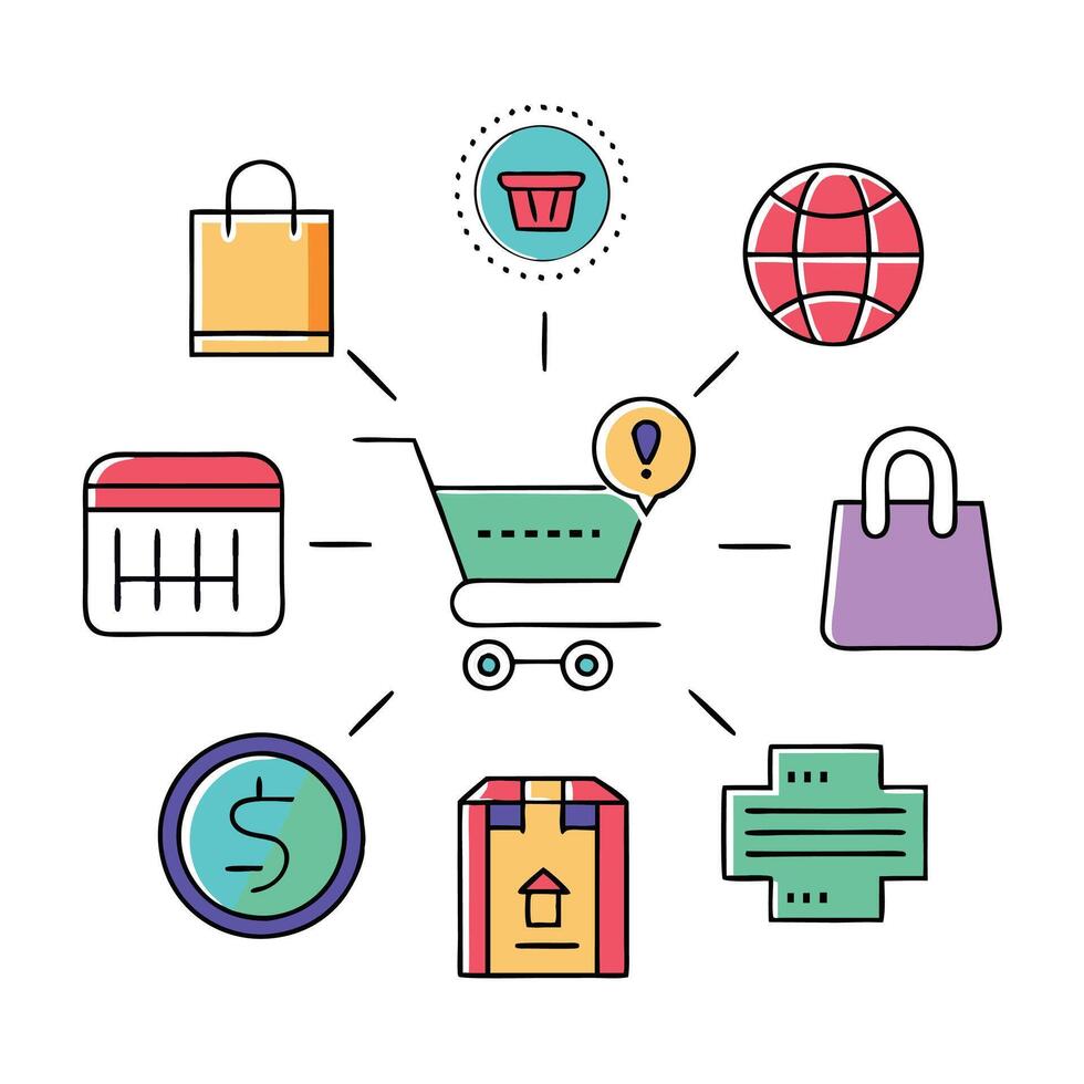Online shopping and e-commerce concept colorful linear icons. color offset line icons flat color outline sign collection set. vector