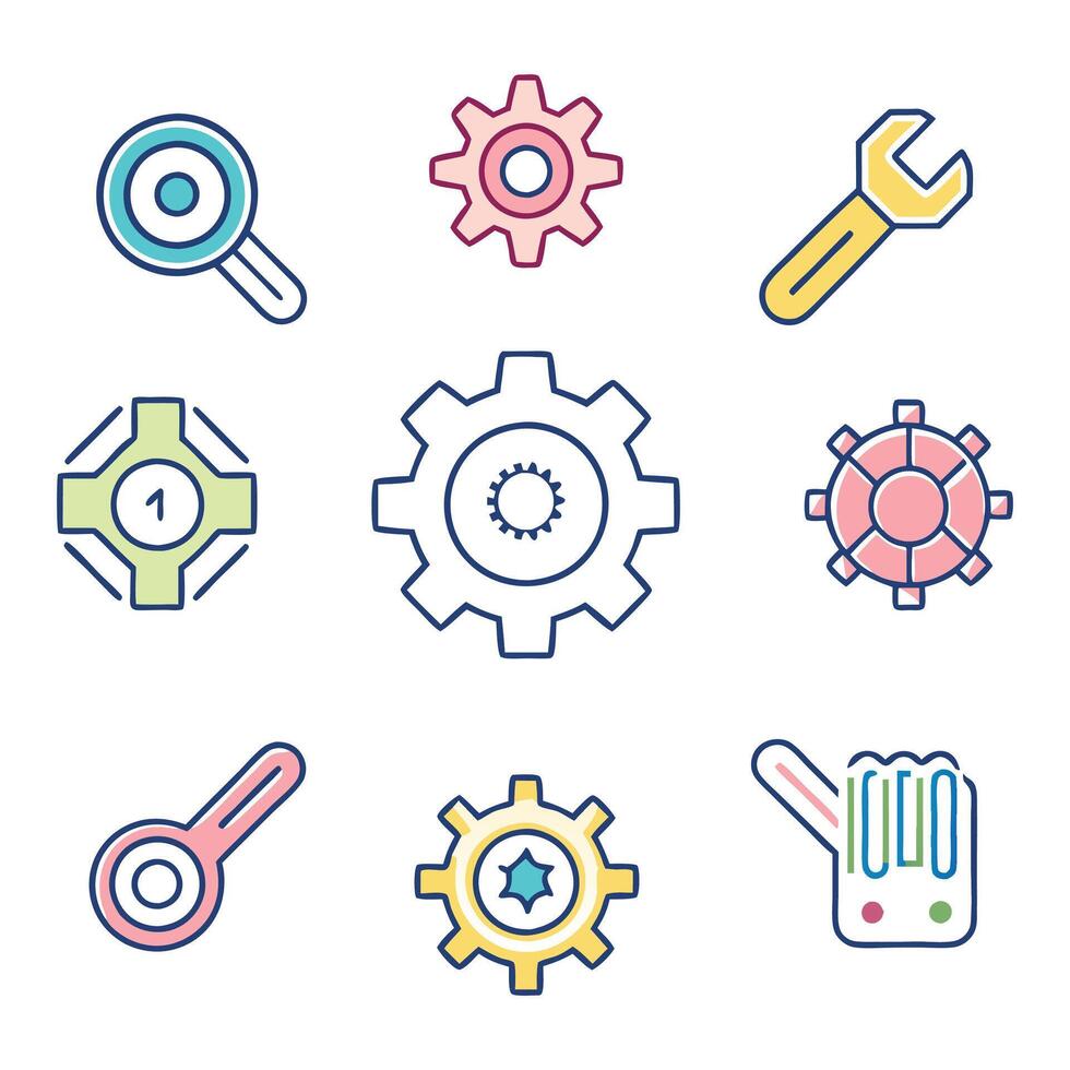 Wrench in a cogwheel concept colorful linear icons. color offset line icons flat color outline sign collection set vector