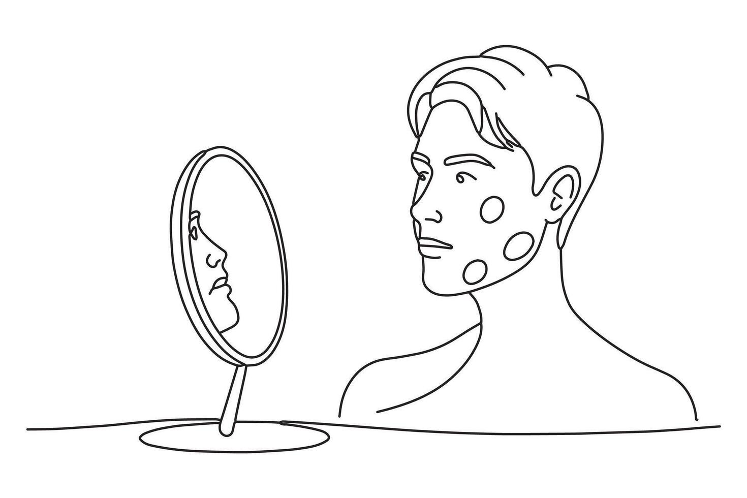 Young man with acne problem looking in mirror One line continuous line art illustration on white background vector