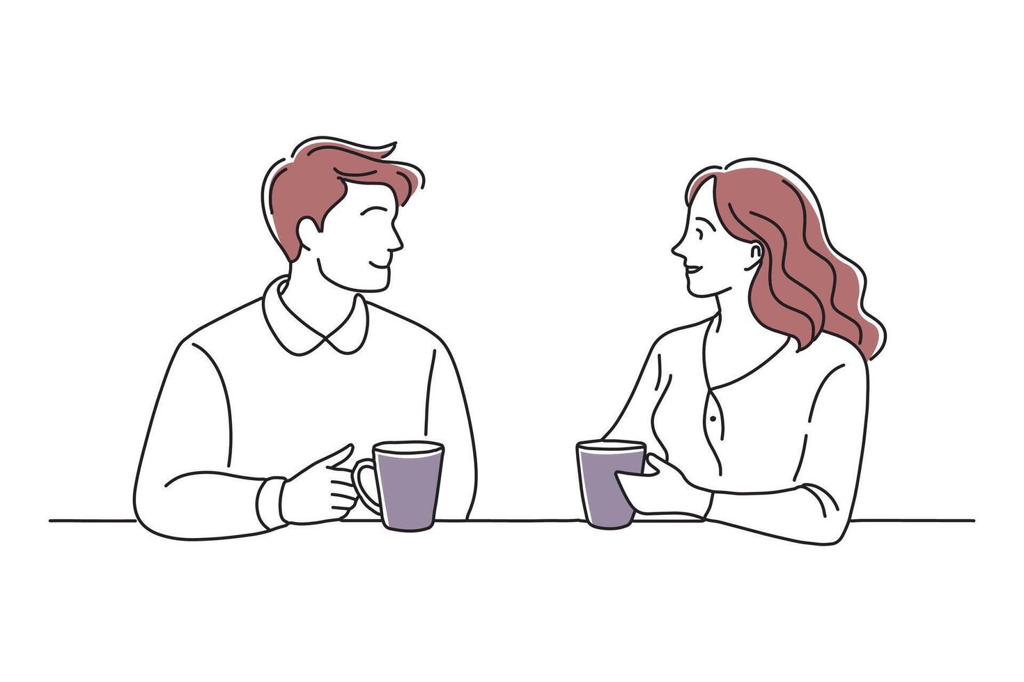 A man and woman engaged in conversation, sharing thoughts and ideas in a friendly manner doodle continuous line art illustration on white background. vector