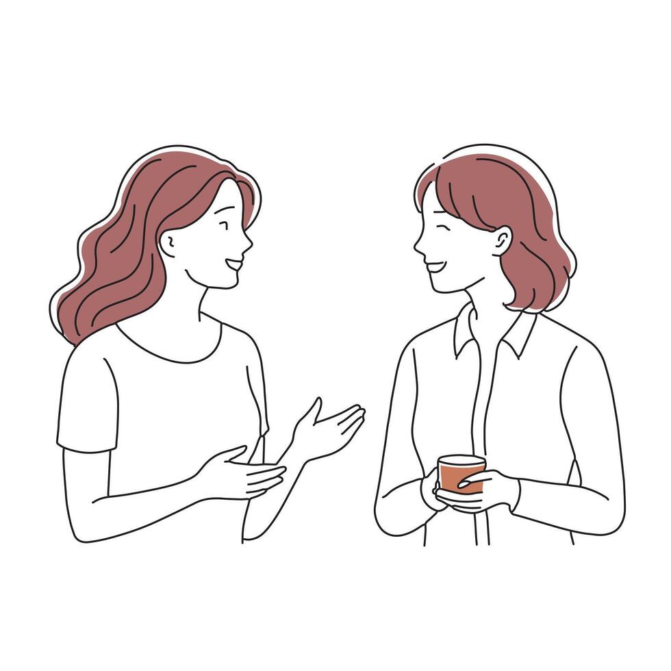 Illustration depicting two women engaged in a conversation, showcasing a friendly and interactive exchange of ideas doodle continuous line art illustration vector