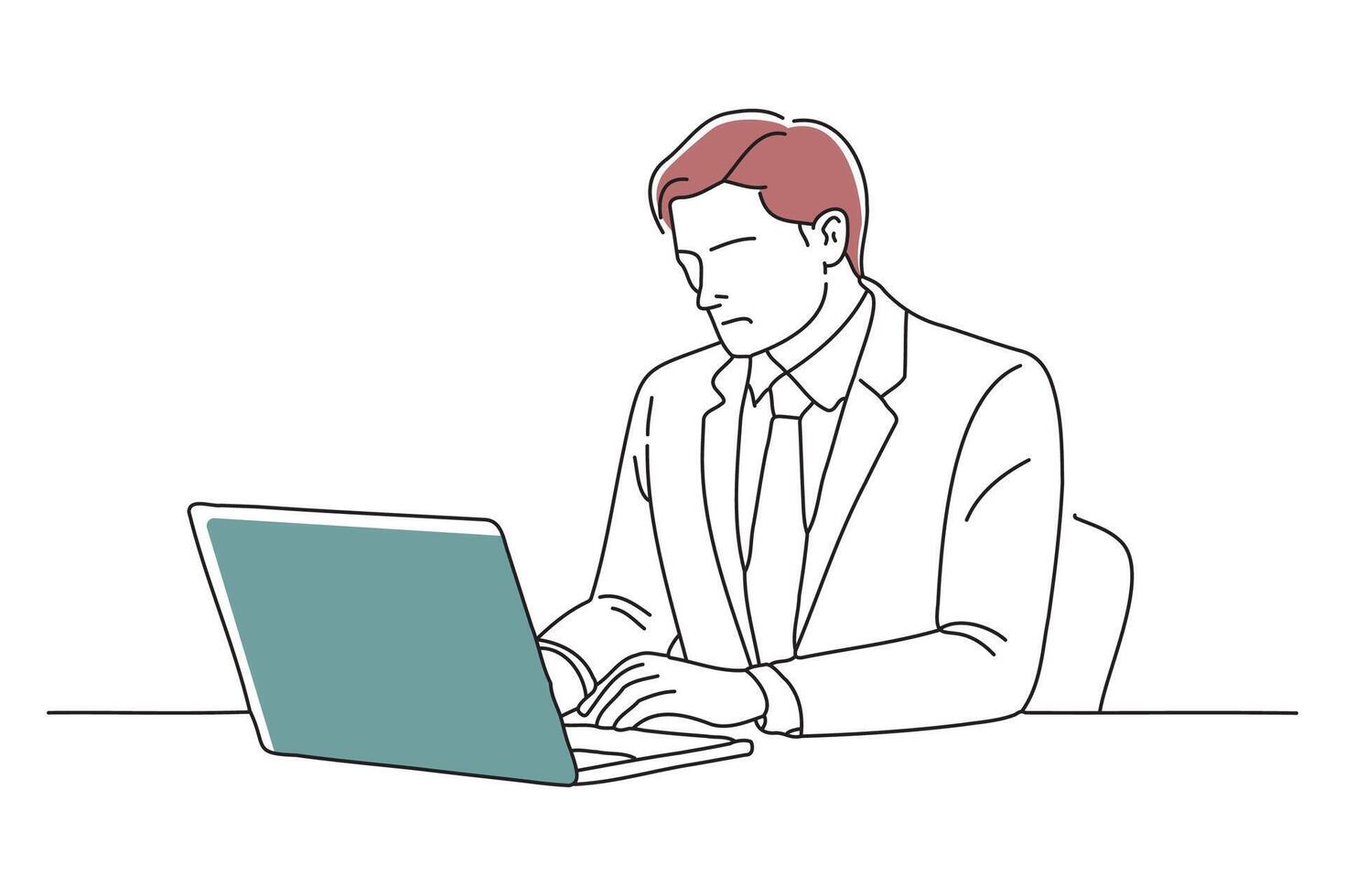 Businessman focused on his laptop while seated at a desk, engaged in work-related tasks doodle continuous line art illustration on white background vector