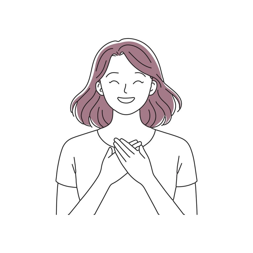 Touched positive woman with pleased expression keeps hands on chest doodle continuous line art illustration. vector