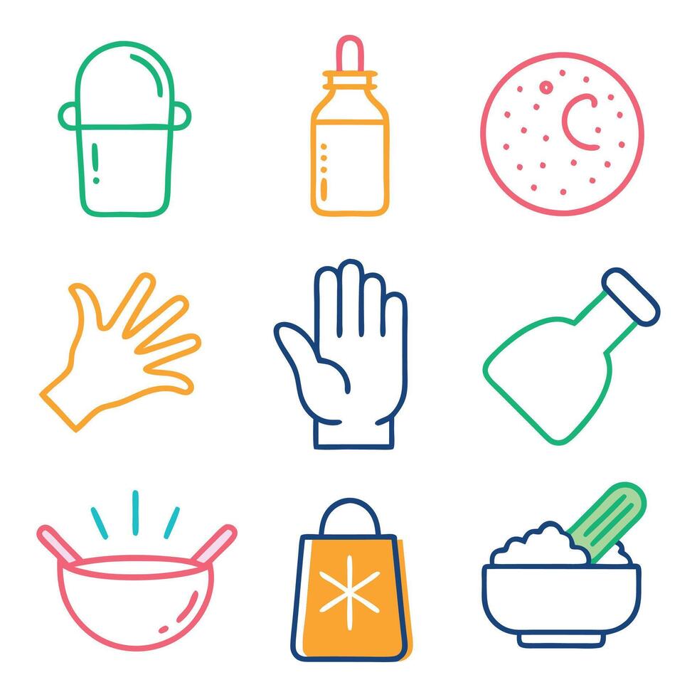 Sprinkling hand gesture. Condiment, salt, sugar, spices concept colorful linear icons. color offset line icons flat color outline sign collection set. vector