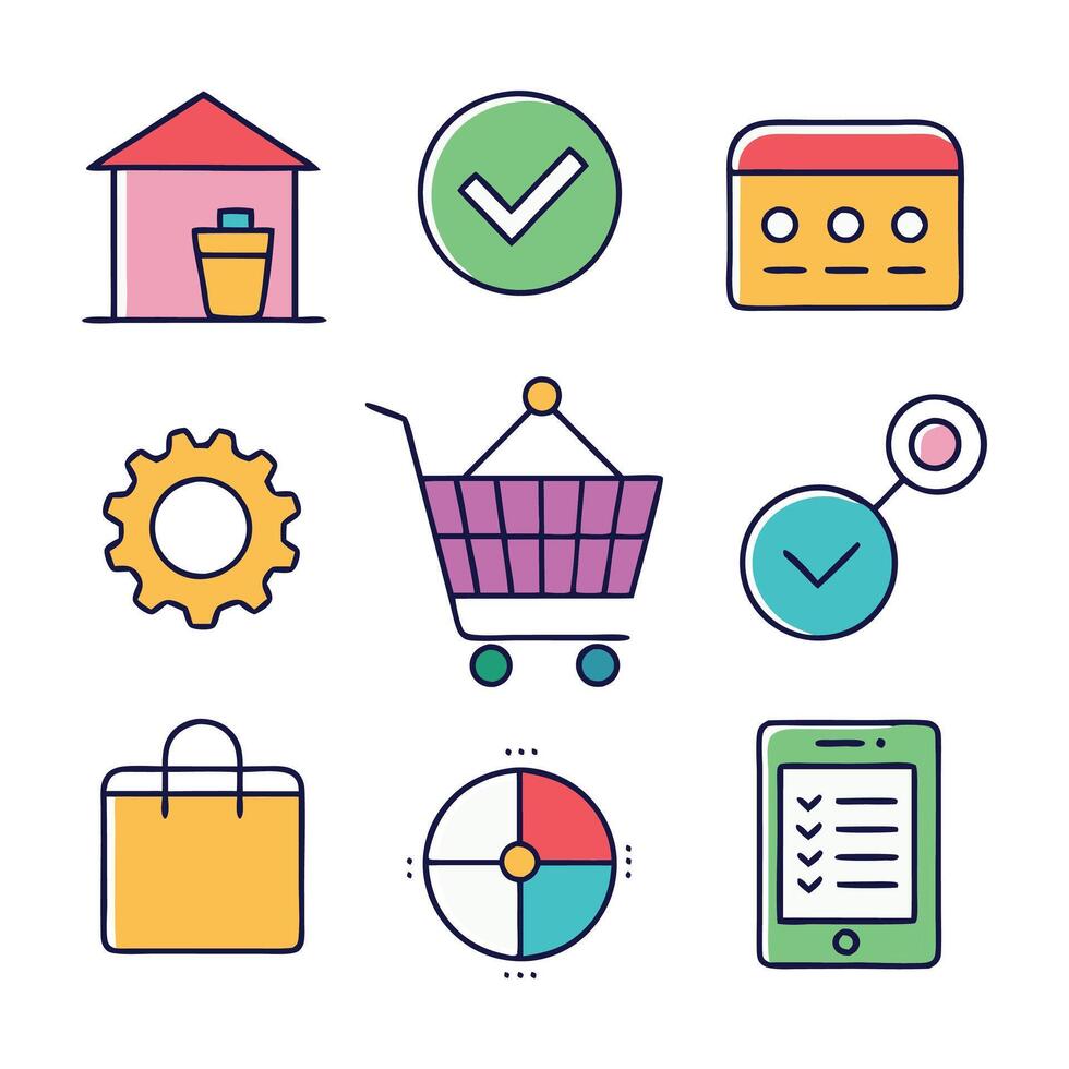 E-commerce and online shopping concept colorful linear icons. color offset line icons flat color outline sign collection set vector