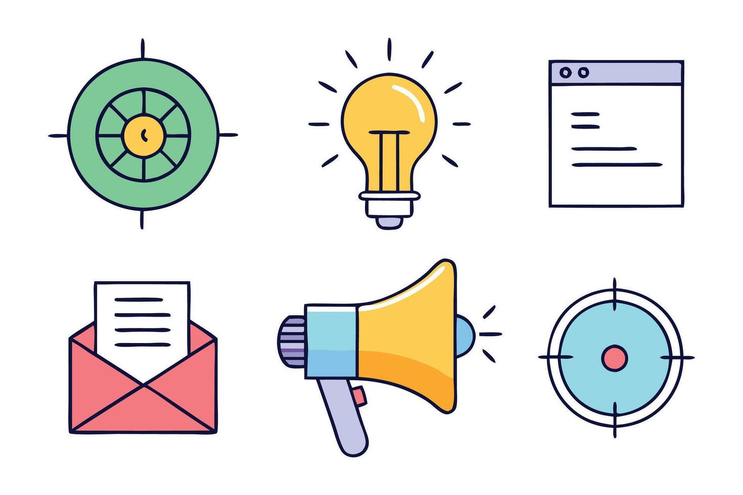 Megaphone and marketing concept colorful linear icons. color offset line icons flat color outline sign collection illustration set on white background vector