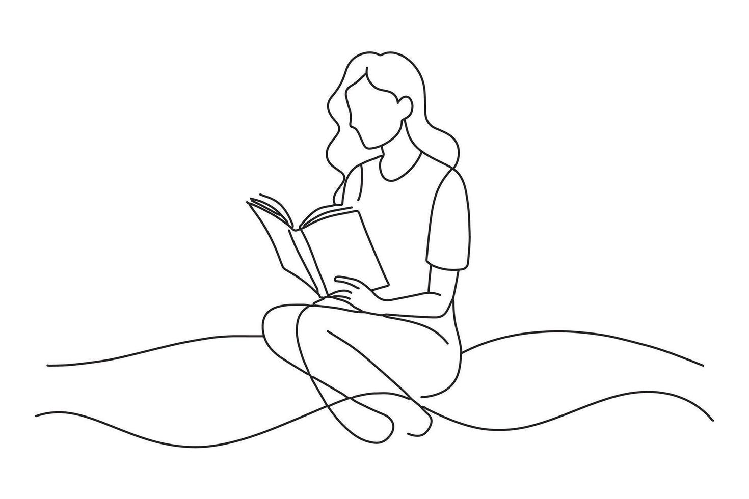 Woman sitting at home on the bed and reading a book One line continuous line art illustration on white background vector
