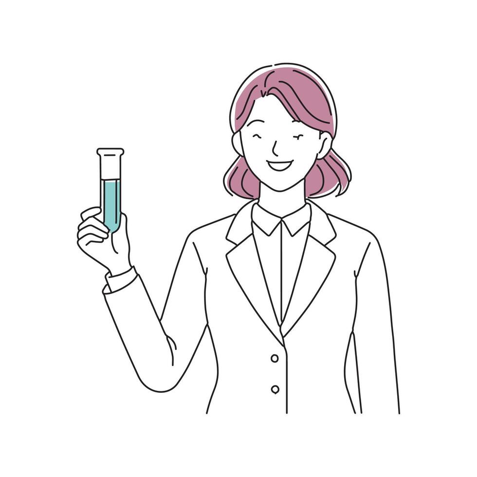 Woman in a lab coat, confidently holding a test tube, representing the field of science and research doodle continuous line art illustration. vector