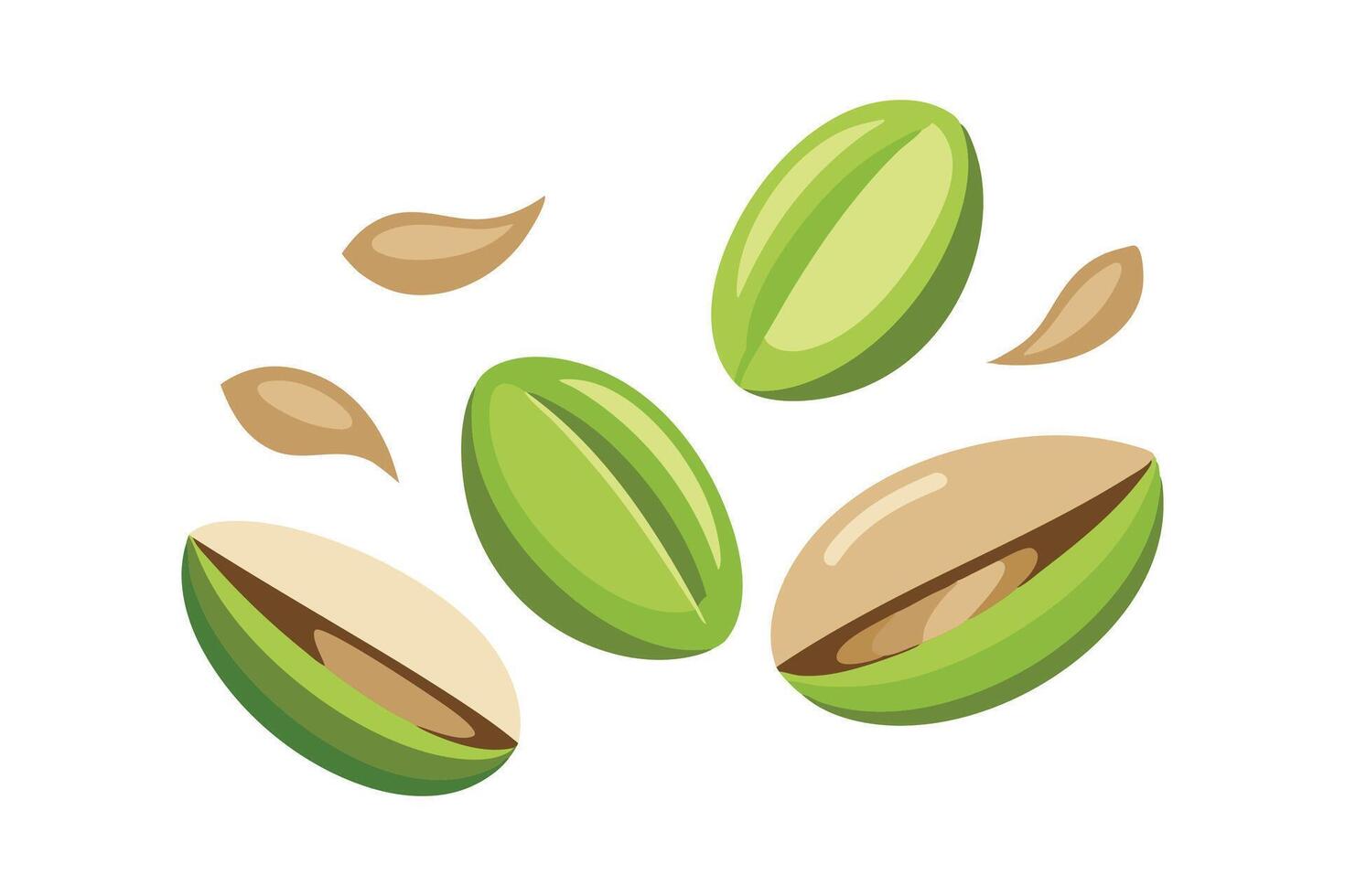 Flying delicious pistachios flat illustration on white background. vector