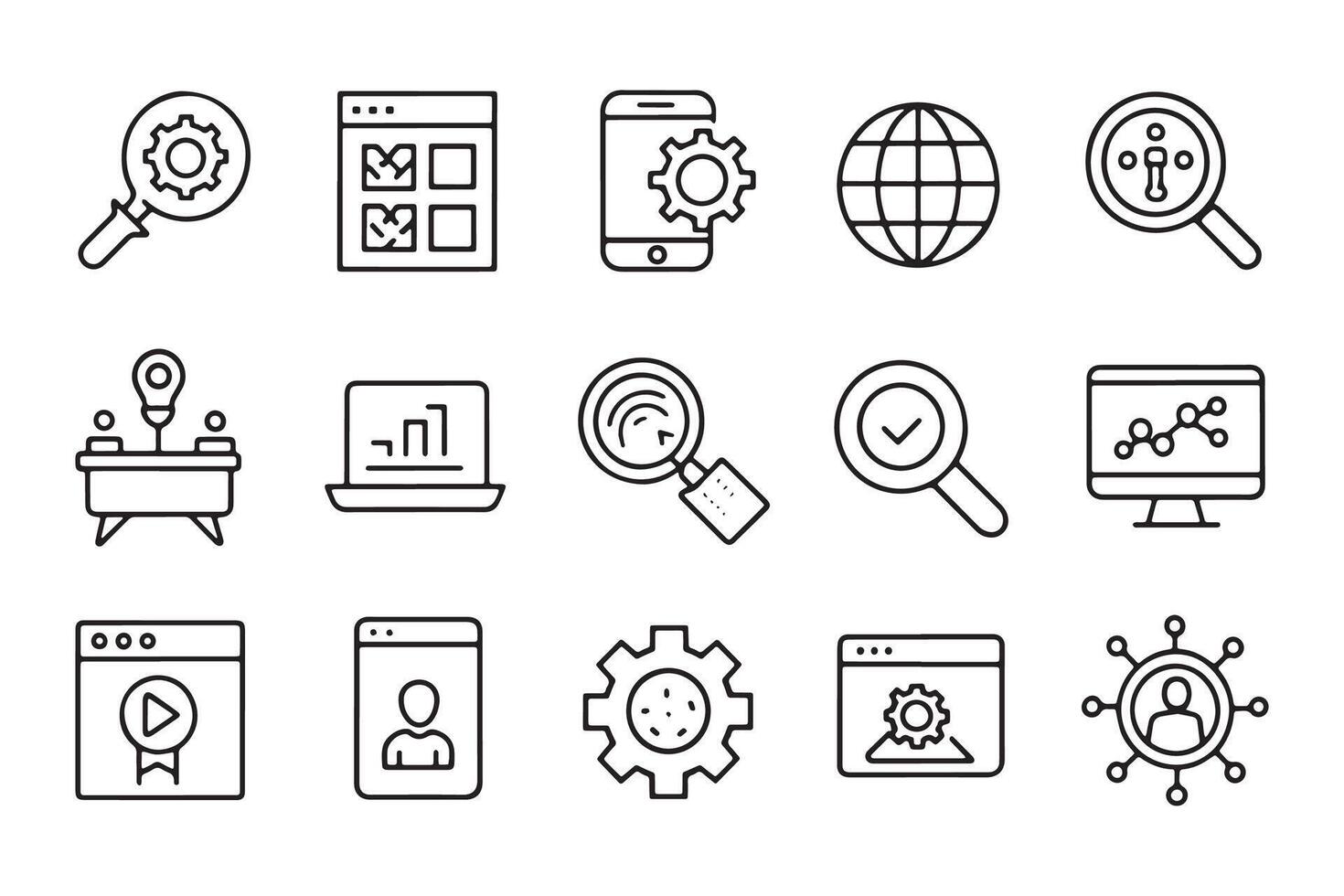 SEO Search Engine Optimization related , black 15 pcs icons set isolated on white background flat illustration. vector