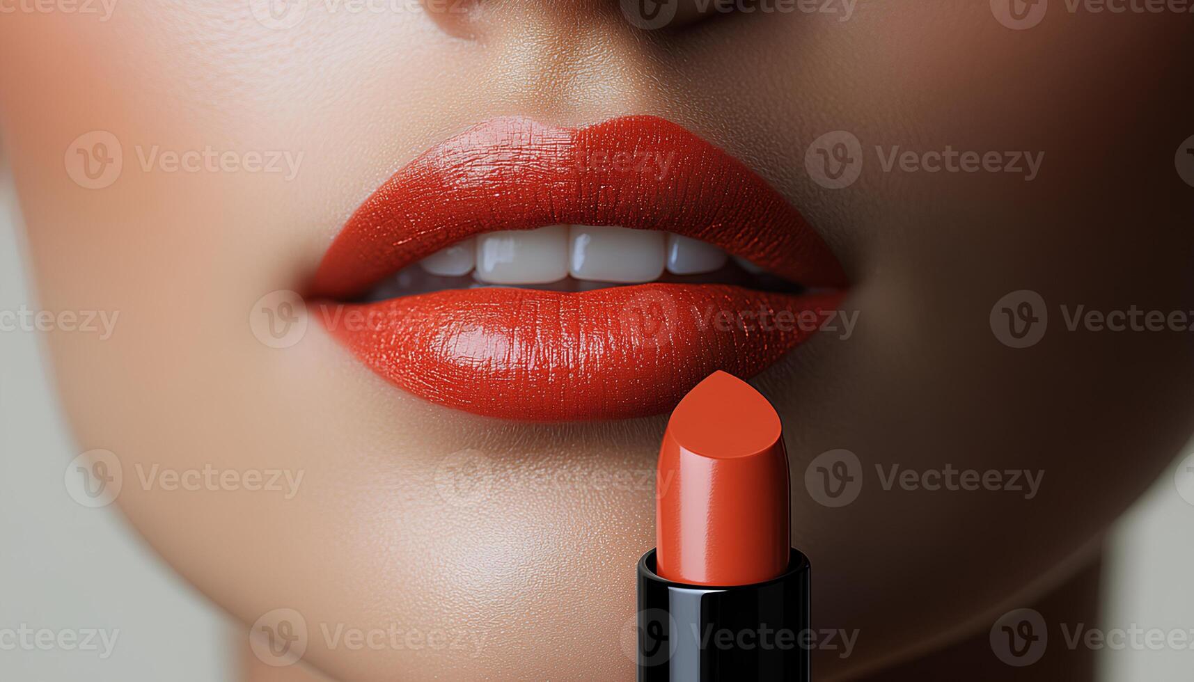 Woman holding a tube of orange lipstick near her lips for a beauty campaign concept. woman holding and applying orange lipstick on her lips for beauty campaign shot. tube of pigmented orange lipstick photo