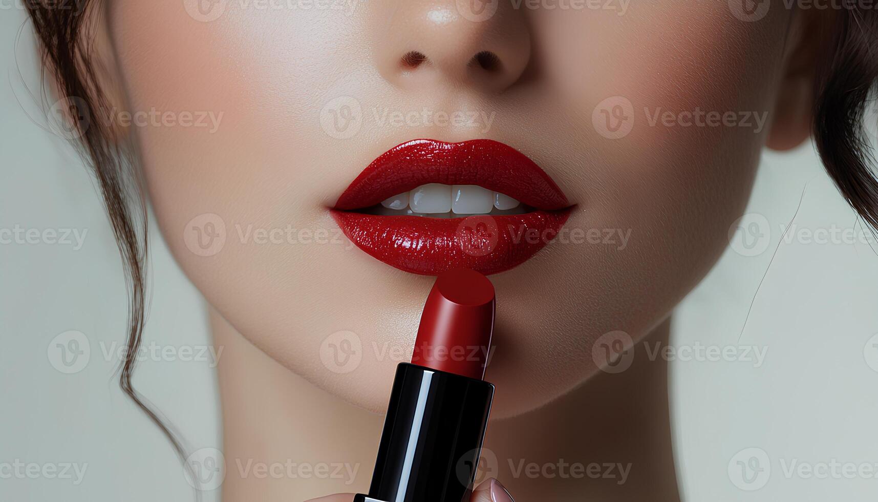 Woman holding a tube of red lipstick near her lips for a beauty campaign concept. woman holding and applying red lipstick on her lips for beauty campaign shot. unbranded tube of pigmented red lipstick photo