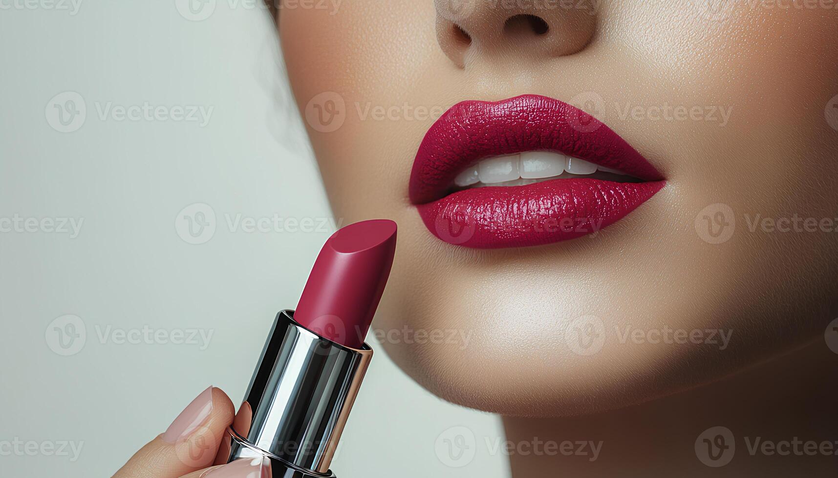 Woman holding a tube of pink lipstick near her lips for a beauty campaign concept. woman holding and applying pink lipstick on her lips for beauty campaign shot. tube of pigmented pink lipstick photo