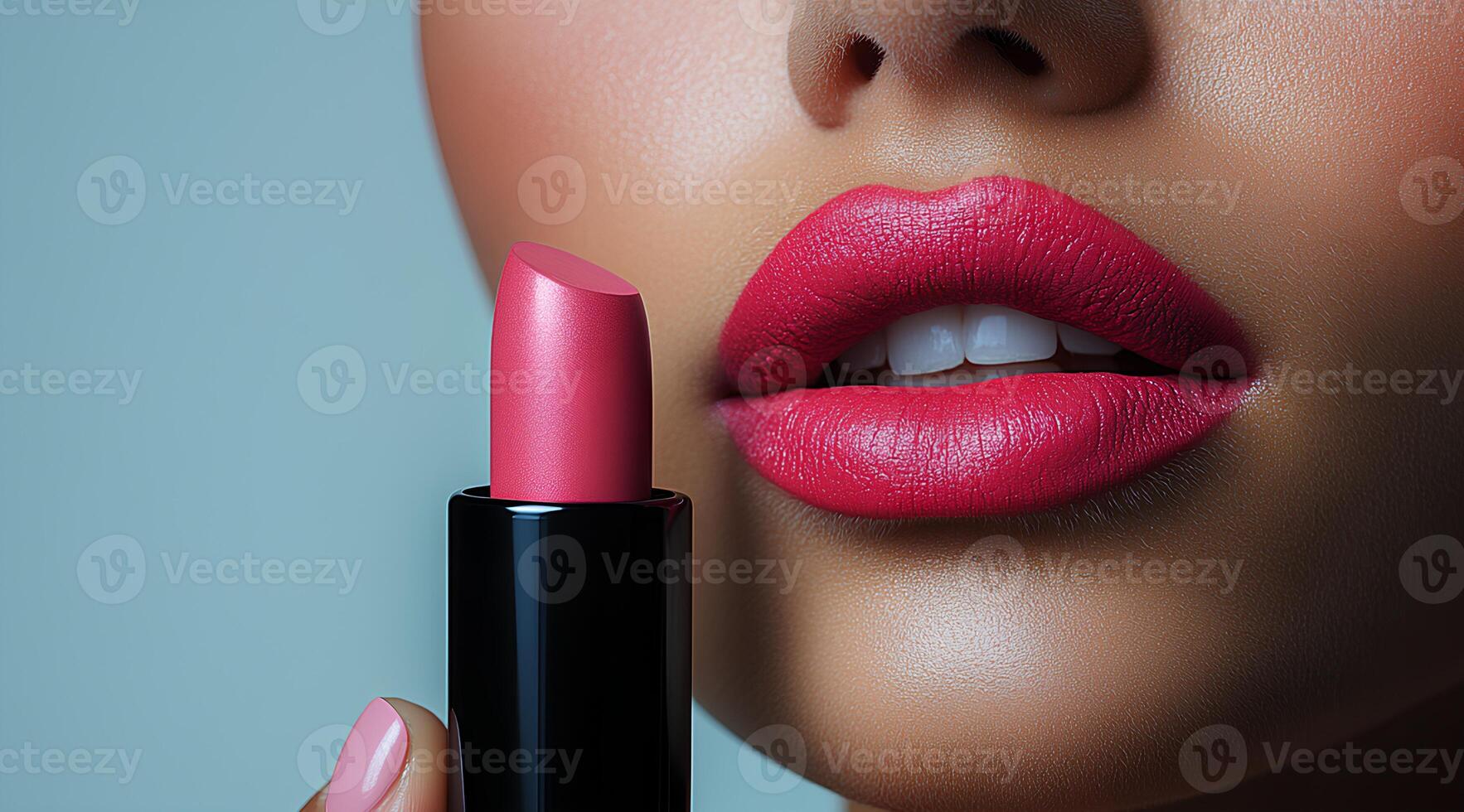 Woman holding a tube of pink lipstick near her lips for a beauty campaign concept. woman holding and applying pink lipstick on her lips for beauty campaign shot. tube of pigmented pink lipstick photo