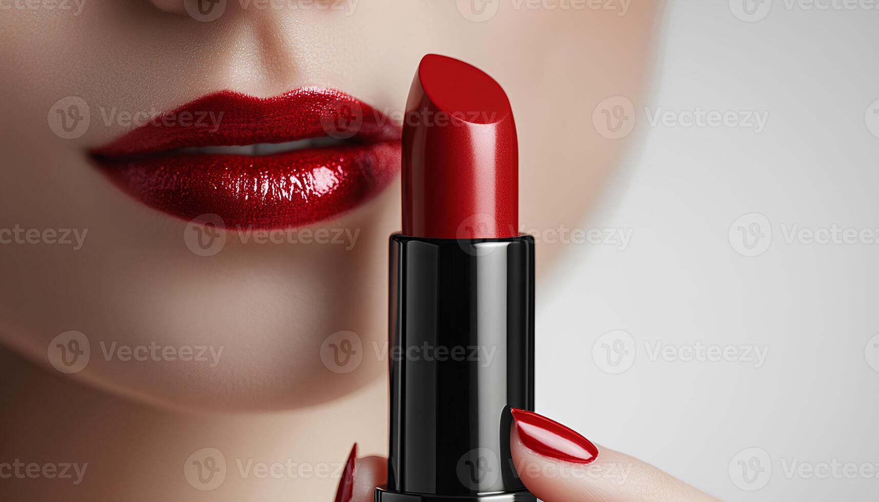 Woman holding a tube of red lipstick near her lips for a beauty campaign concept. woman holding and applying red lipstick on her lips for beauty campaign shot. unbranded tube of pigmented red lipstick photo