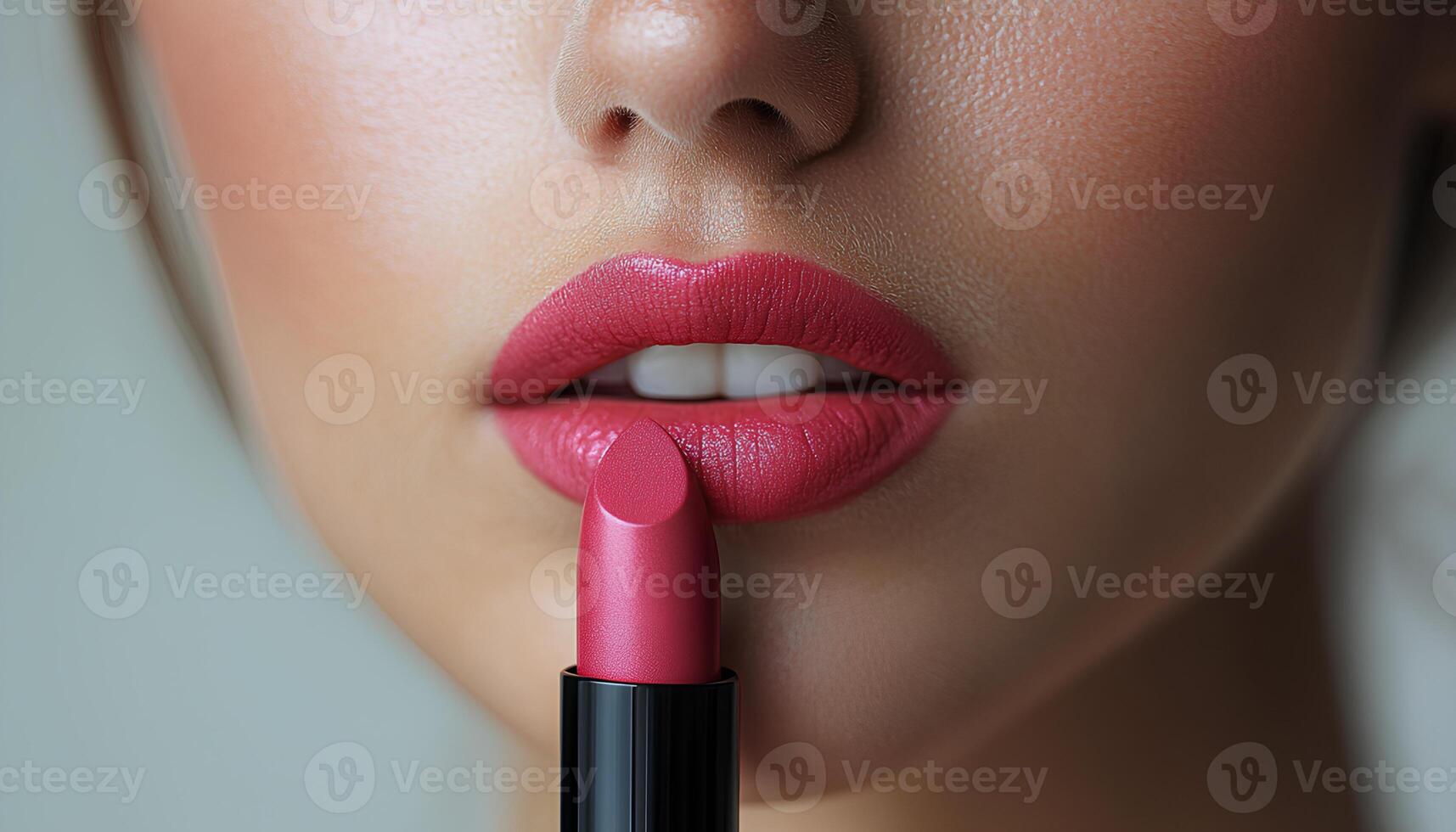 Woman holding a tube of pink lipstick near her lips for a beauty campaign concept. woman holding and applying pink lipstick on her lips for beauty campaign shot. tube of pigmented pink lipstick photo