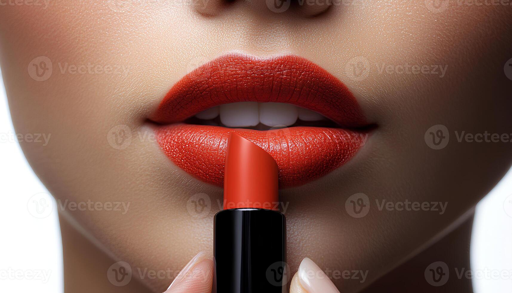 Woman holding a tube of orange lipstick near her lips for a beauty campaign concept. woman holding and applying orange lipstick on her lips for beauty campaign shot. tube of pigmented orange lipstick photo