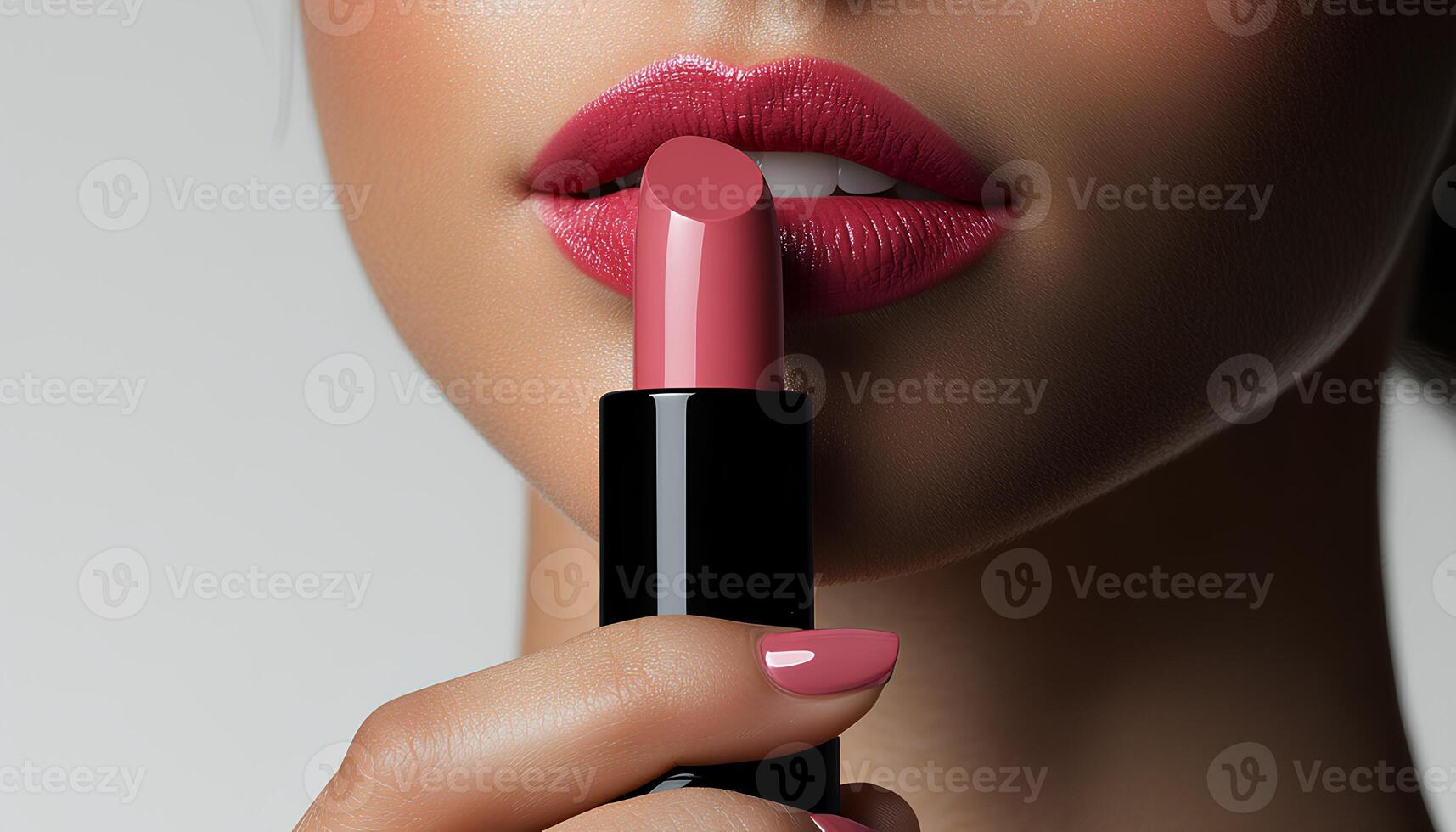 Woman holding a tube of pink lipstick near her lips for a beauty campaign concept. woman holding and applying pink lipstick on her lips for beauty campaign shot. tube of pigmented pink lipstick photo