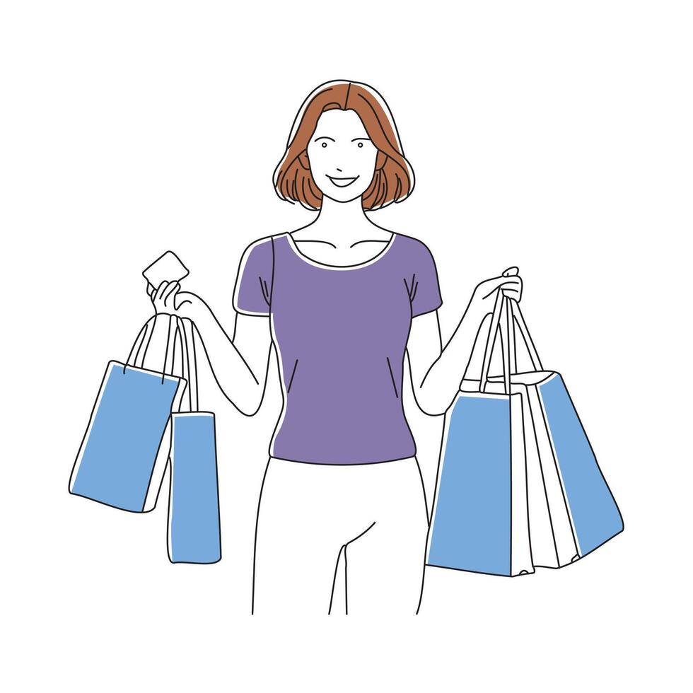 Woman stands confidently, holding a credit card in one hand and shopping bags in the other, ready for a shopping spree doodle continuous line art illustration vector