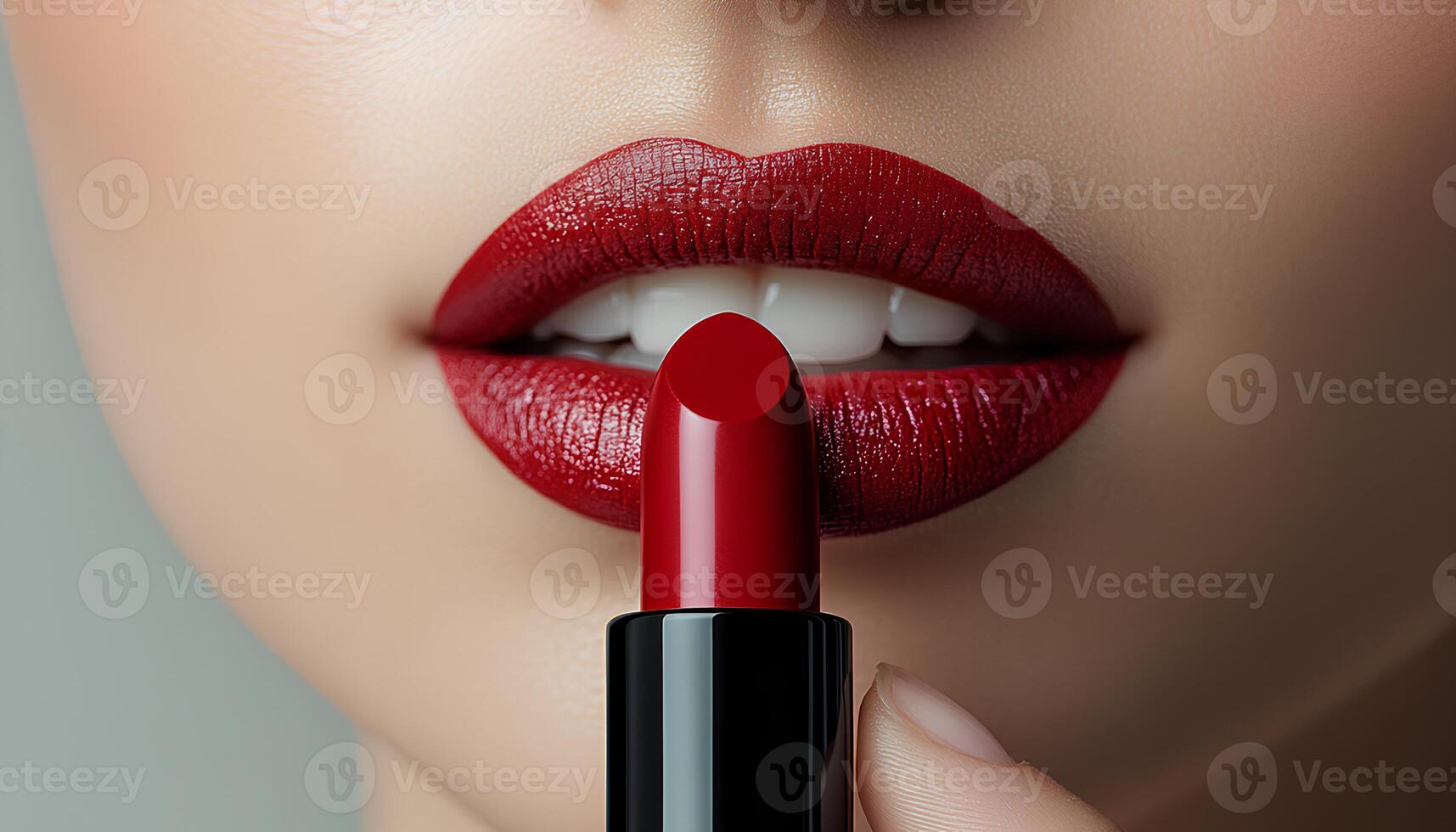Woman holding a tube of red lipstick near her lips for a beauty campaign concept. woman holding and applying red lipstick on her lips for beauty campaign shot. unbranded tube of pigmented red lipstick photo