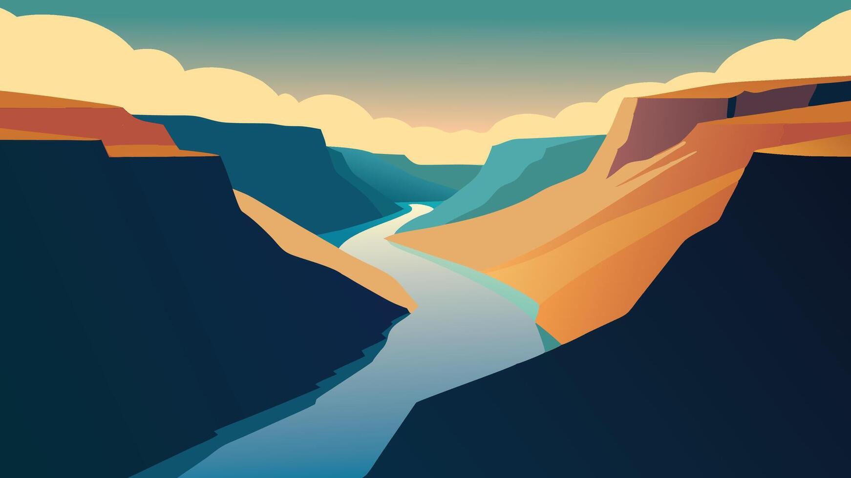 A serene river flows through a majestic canyon, illuminated by the warm hues of a sunset sky flat illustration vector