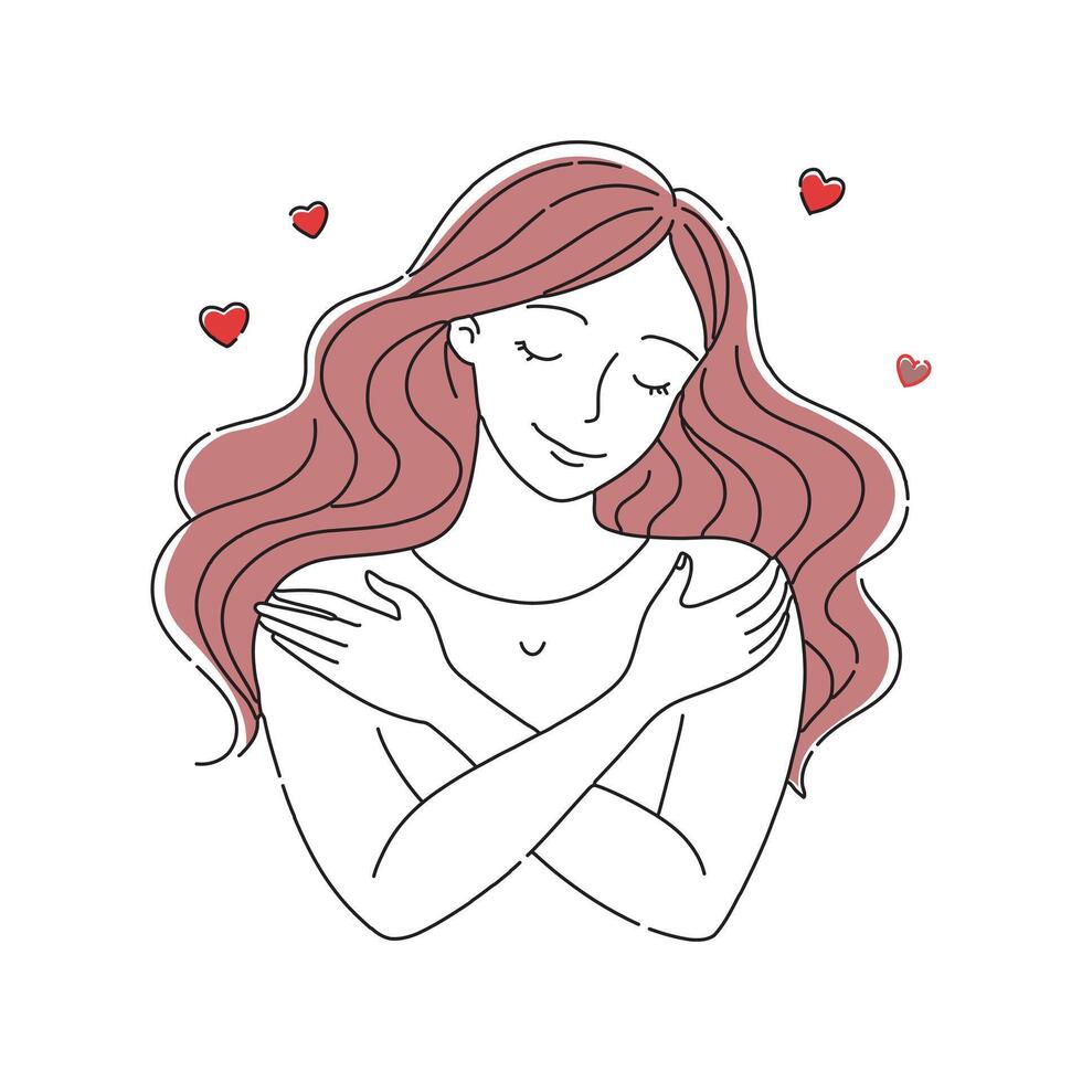 Woman wraps her arms around herself, symbolizing self-love and inner peace in a tranquil environment doodle continuous line art illustration on white background vector