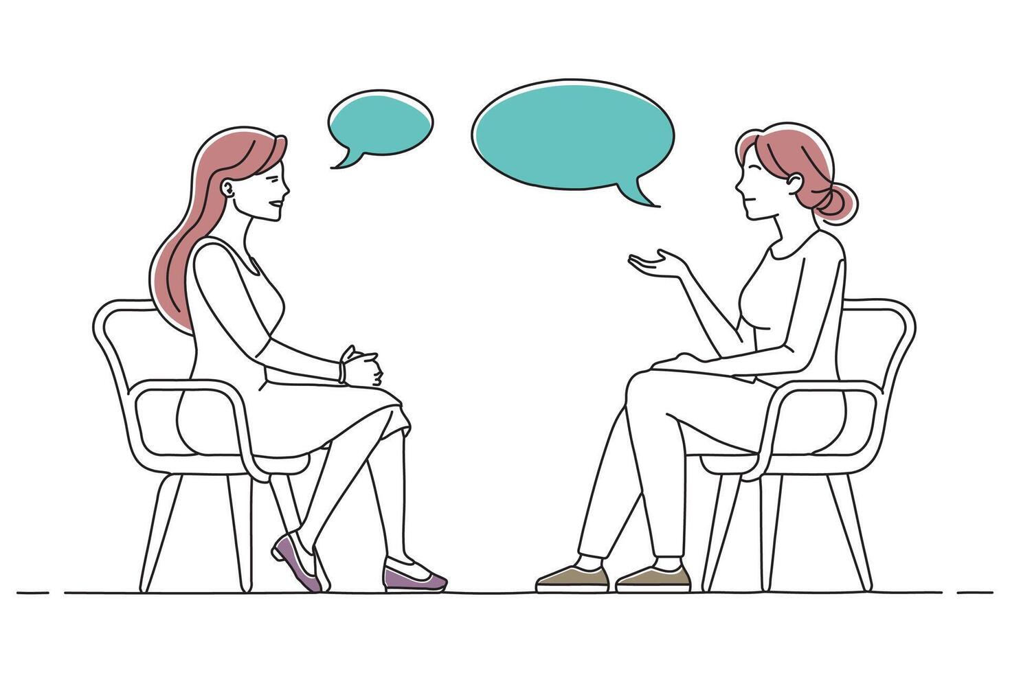 Two women seated on chairs, engaged in conversation, with speech bubbles illustrating their dialogue above them doodle continuous line art illustration on white background vector