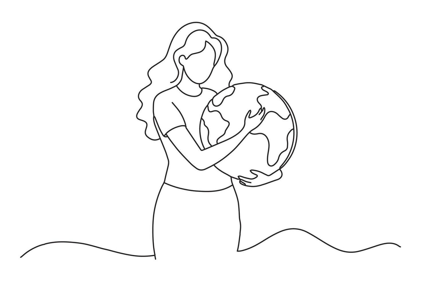 Save the planet. Woman holding planet symbol. Girl hugging globe One line continuous line art illustration on white background vector